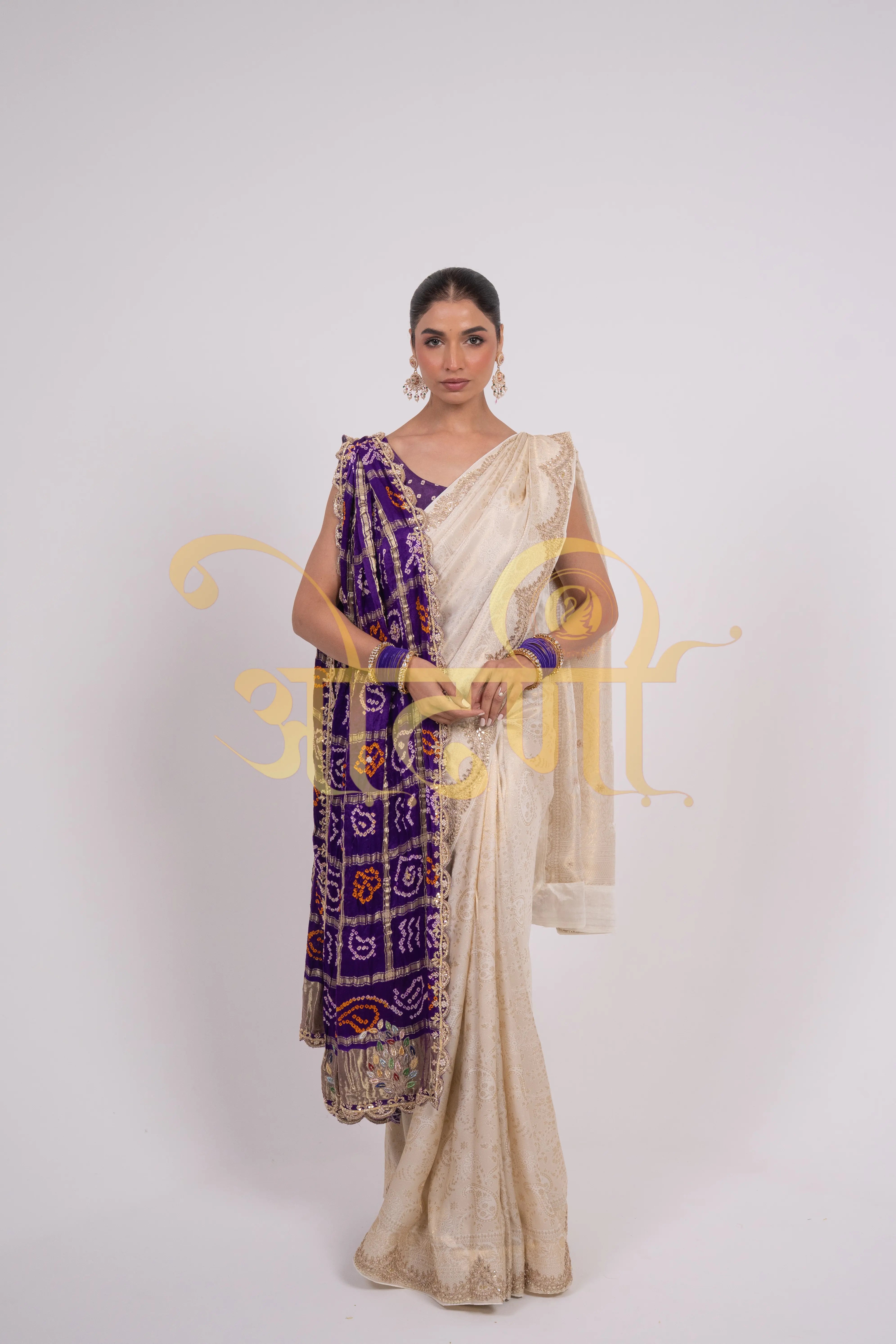 Ivory White Brocket Silk Saree with Gota Patti Handwork (With Blouse)