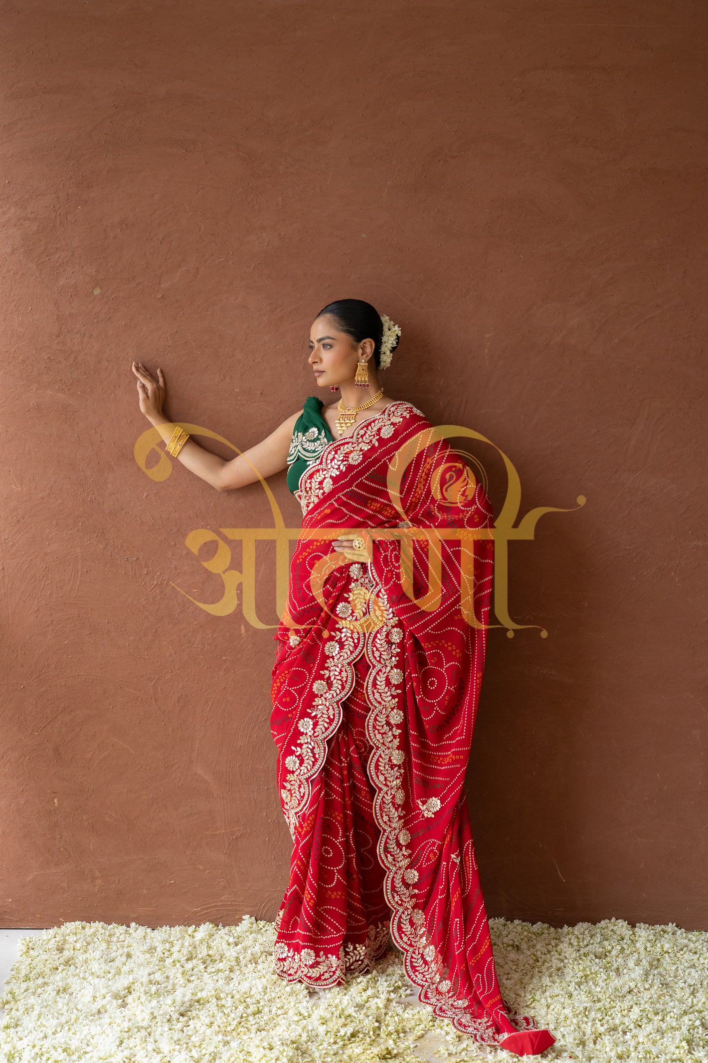 RAJSTHANI TRADITIONAL CHUNRI SAREE WITH GITTA PATTI ZARDOZI WORK SAREE WITH CONTRAST GREEN BLOUSE ##SR0273