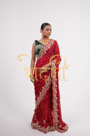 RAJSTHANI TRADITIONAL CHUNRI SAREE WITH GITTA PATTI ZARDOZI WORK SAREE WITH CONTRAST GREEN BLOUSE ##SR0273