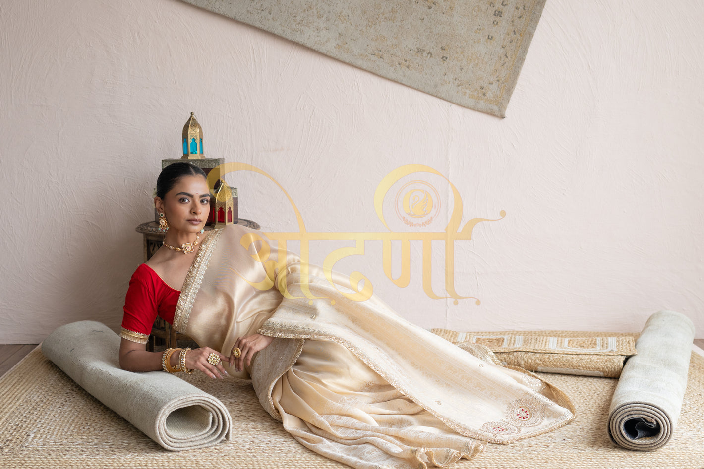 HIRA MANDI INSPIRED TISSSUE SILK SAREE WITH CONTRAST RED BLOUSE ##SR0275