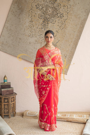 AARI TARI VINTAGE WORK ROYAL RAJPUTI SAREE ON PURE CHIFFON FABRIC (WITH BLOUSE) ##SR0276