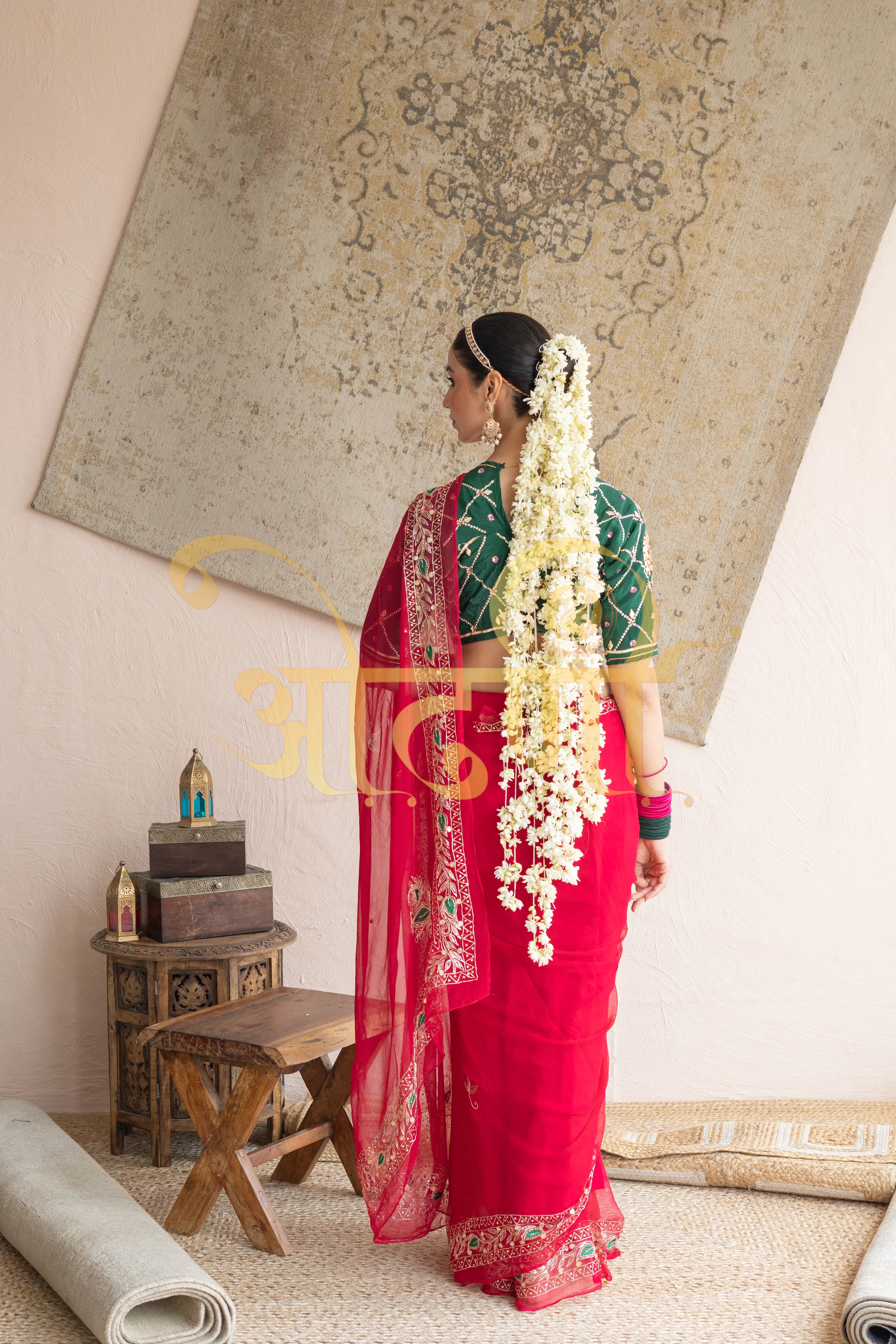 Pure Chiffon Saree with Aari Tari Work & Contrast Green Blouse