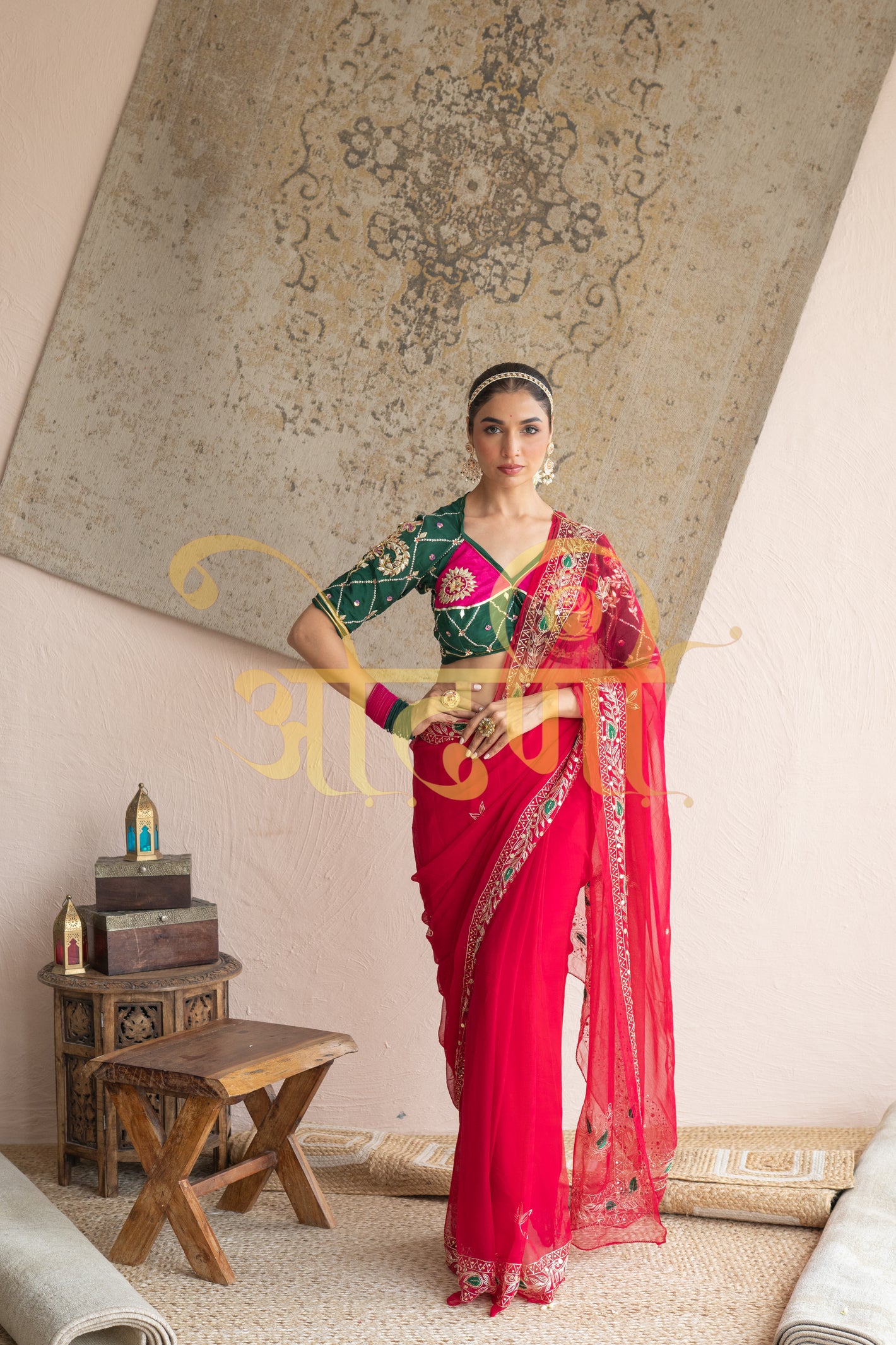 PURE CHIFFON AARI TARI WORK SAREE WITH CONTRAST GREEN BLOUSE ##SR0333