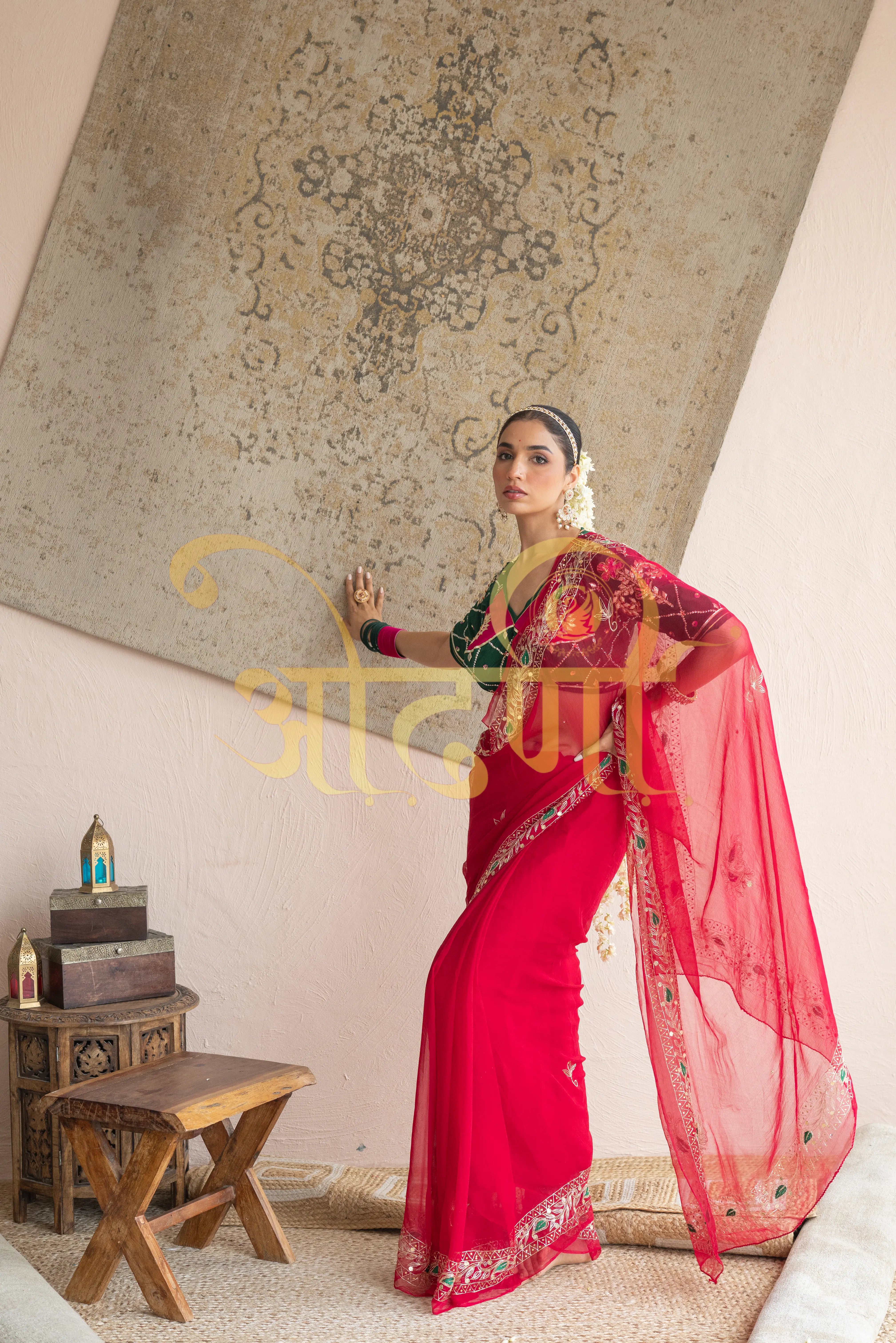 Pure Chiffon Saree with Aari Tari Work & Contrast Green Blouse