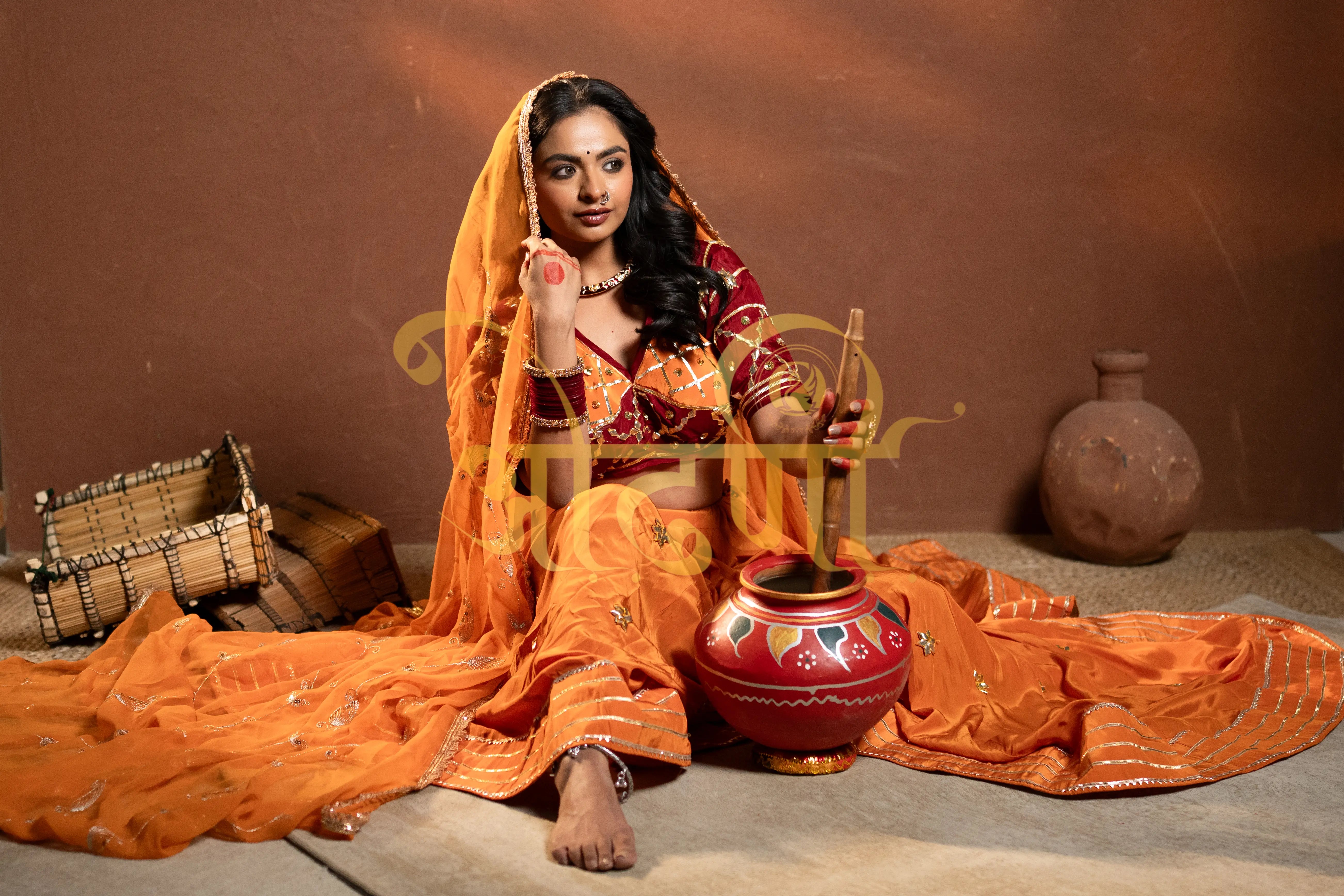 Full Flair Bandhani Lehenga with Gota Patti, Angi Blouse & Vintage Jaal Dupatta (PRE-BOOKING ITEM)
