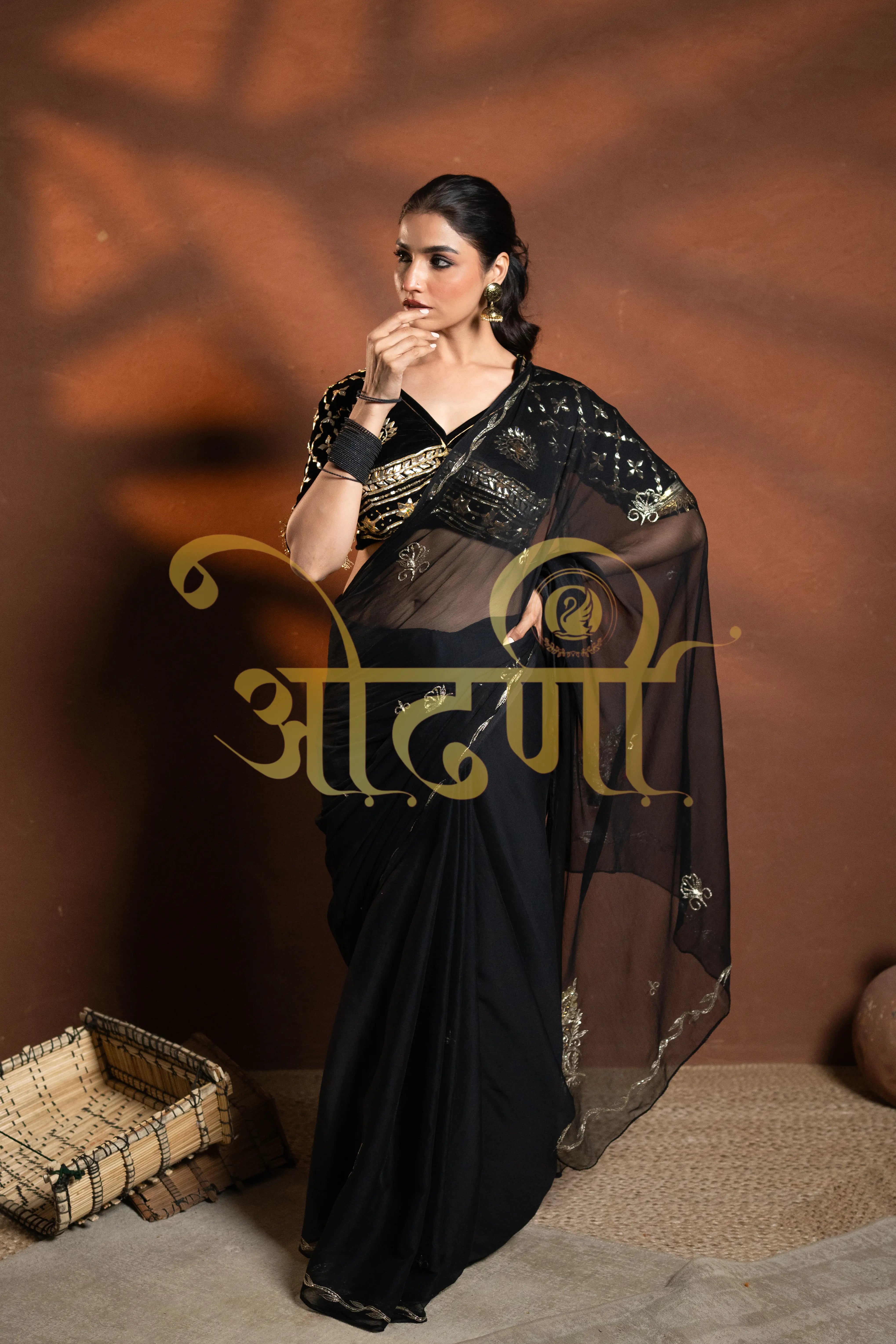 Rajputi Chamunda Chiffon Saree with Angi Blouse & Vintage Work (PRE-BOOKING ITEM)