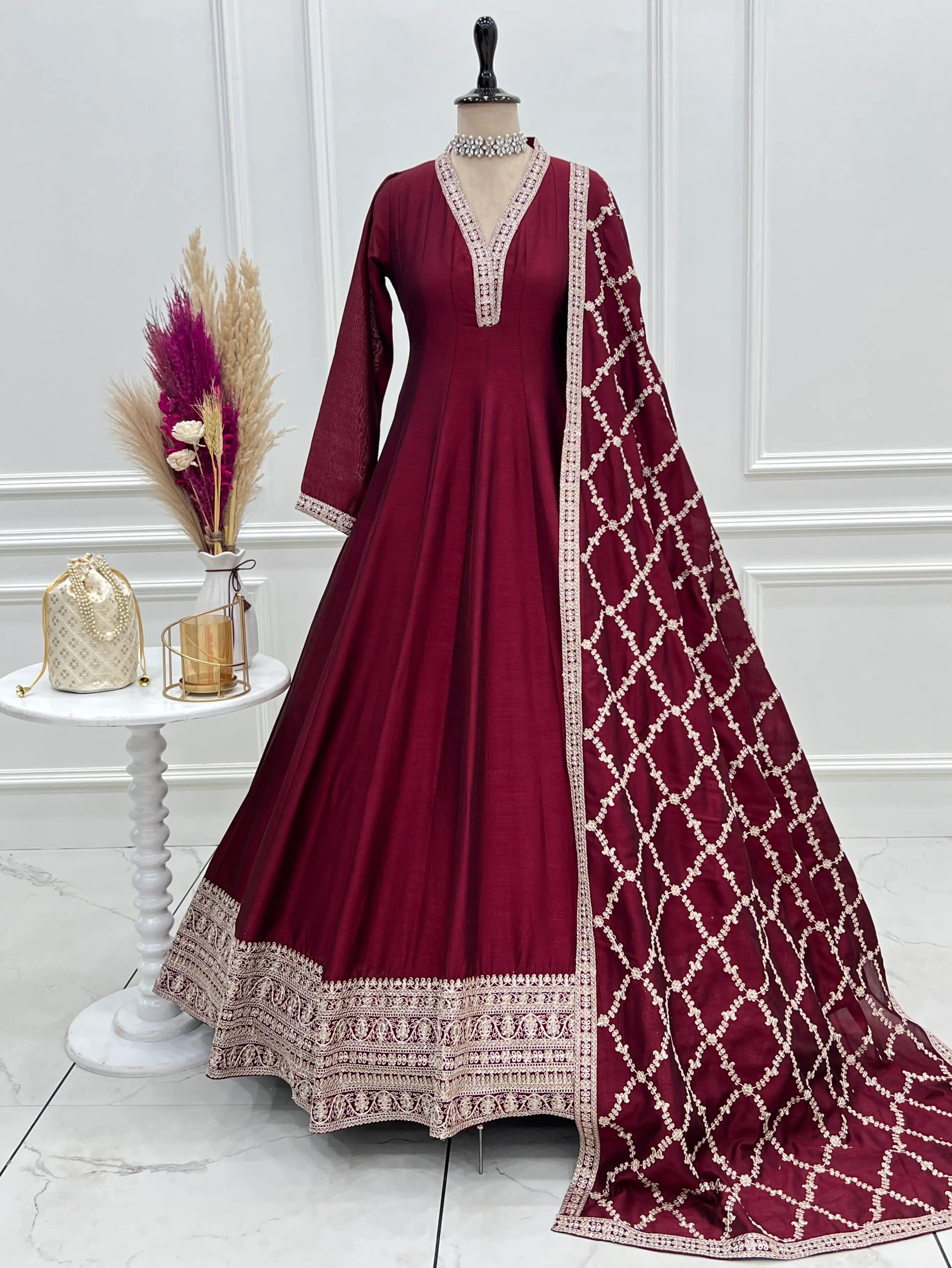 Designer Vichitra Silk Full Kali Anarkali Gown with Embroidered Dupatta