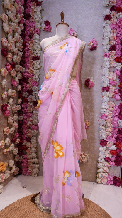 BRUSH PRINT DESIGN WITH KACHI GOTA PATTI WORK & LACE SAREE (WITH BLOUSE) ##SR596