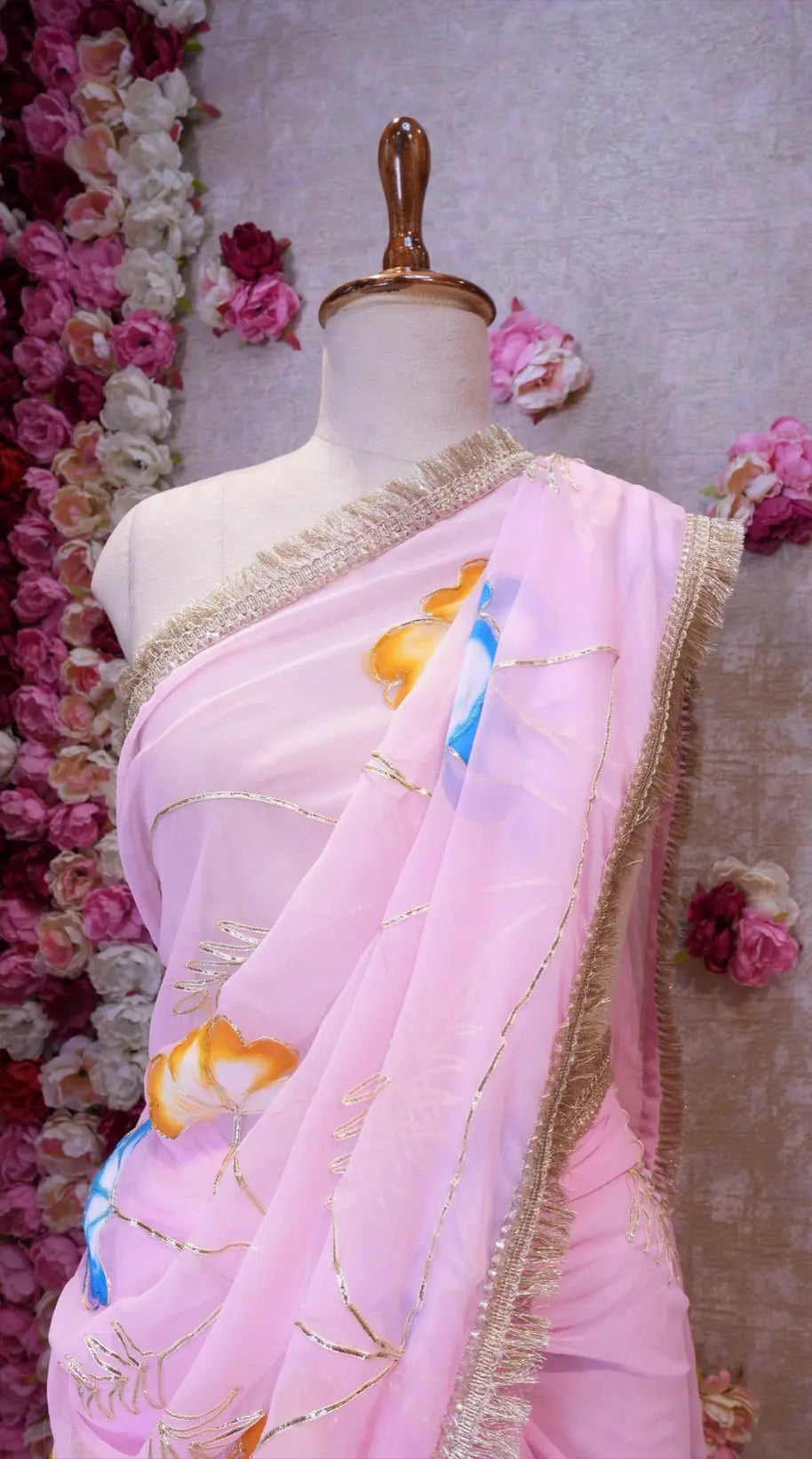 BRUSH PRINT DESIGN WITH KACHI GOTA PATTI WORK & LACE SAREE (WITH BLOUSE)