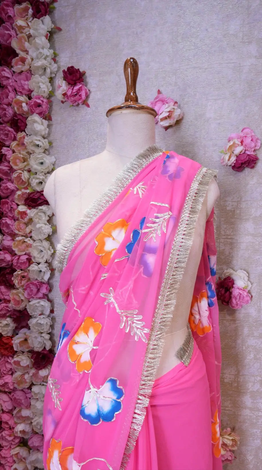BRUSH PRINT DESIGN WITH KACHI GOTA PATTI WORK & LACE SAREE (WITH BLOUSE)
