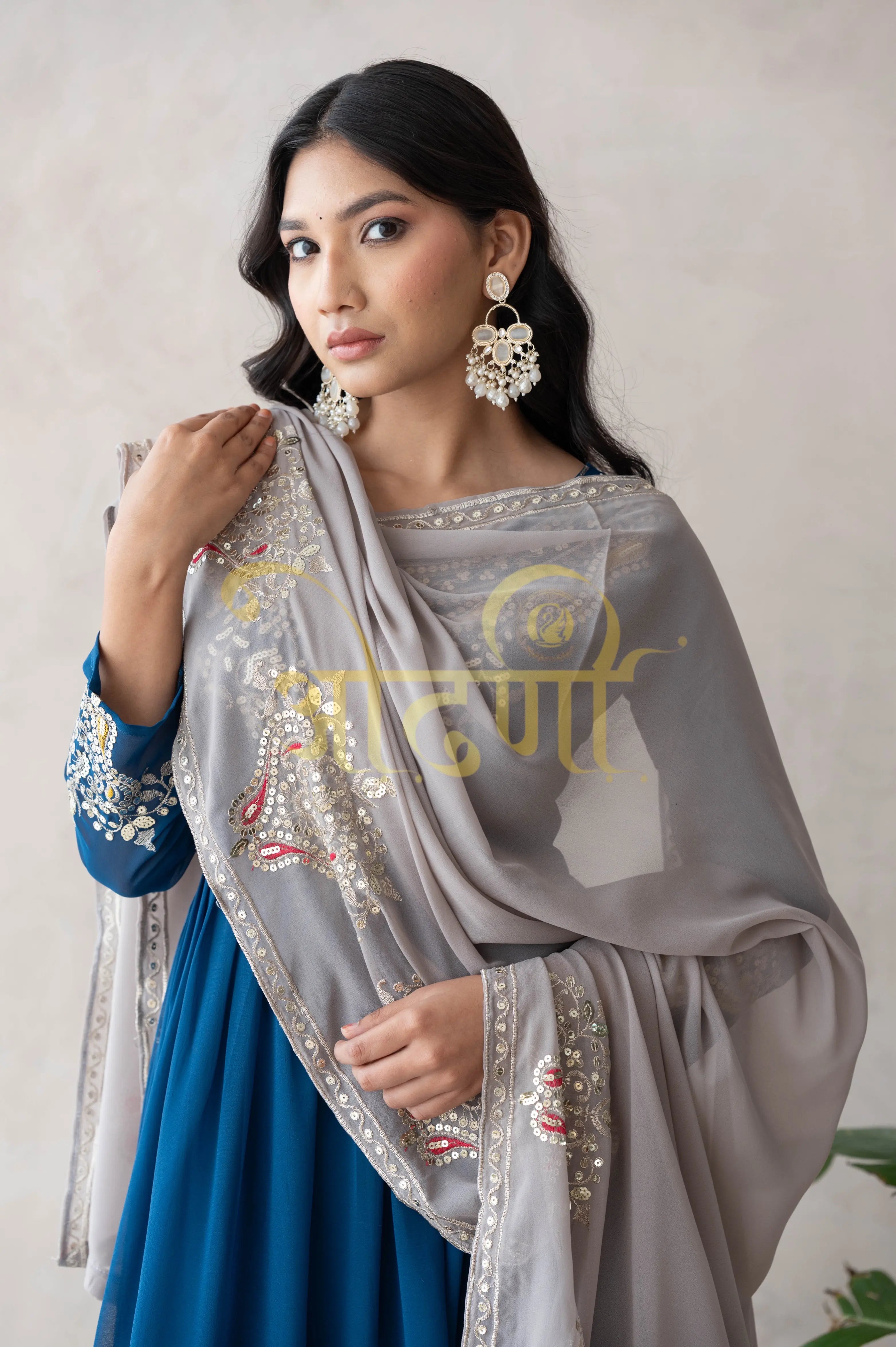 ANARKALI 3-PIECE SUIT WITH SEQUENCE WORK AND CONTRAST DUPATTA