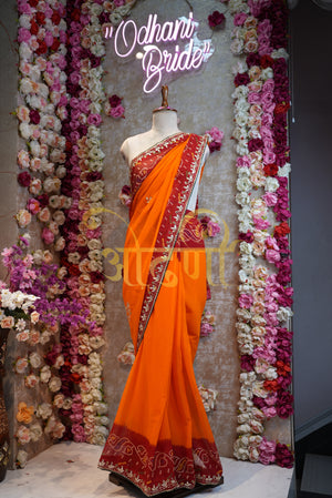 Rajasthani peela synthetic saree with hand work border & butta ##SR0145