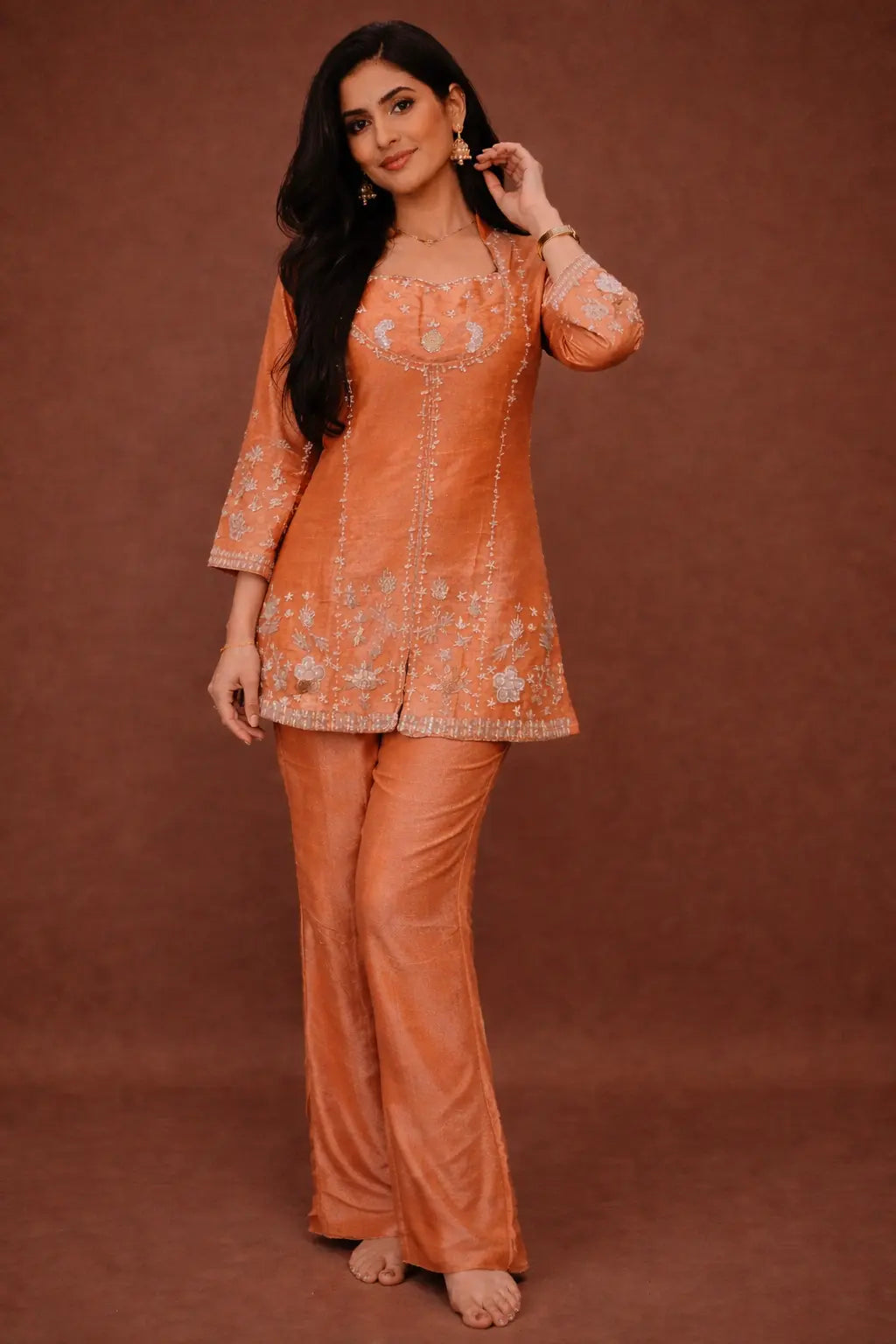 Bustier Co-ord Set with Cut Dana and Sequin Beads Work (Brick Colour)