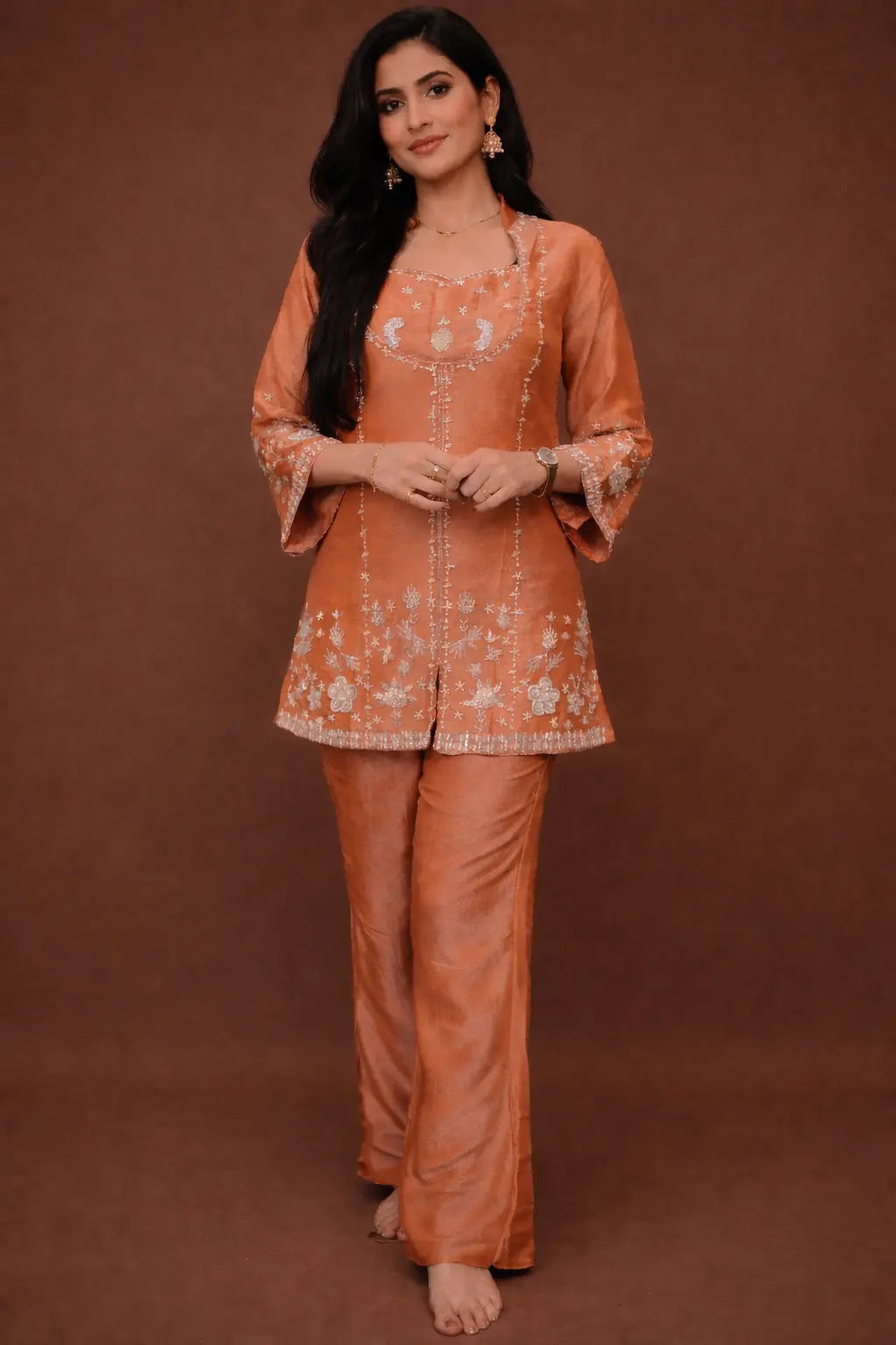 Bustier Co-ord Set with Cut Dana and Sequin Beads Work (Brick Colour)