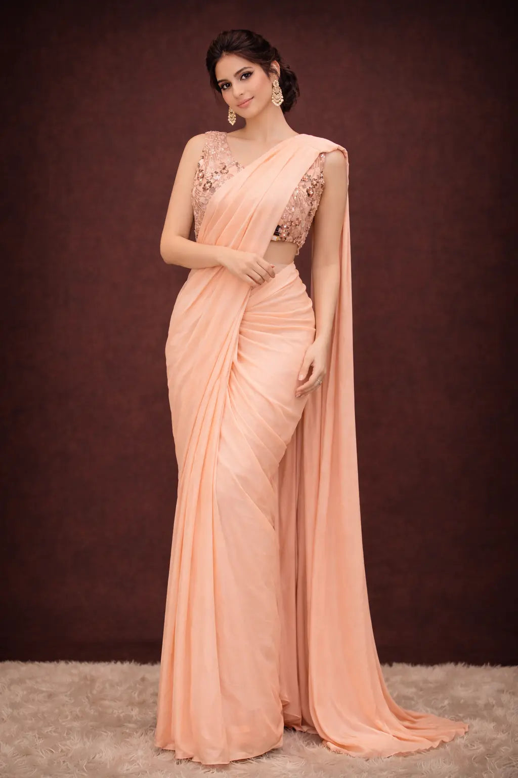 Stitch Blouse Pre Pleated Saree With Jacket Embellish With Pearls And Sequence Work