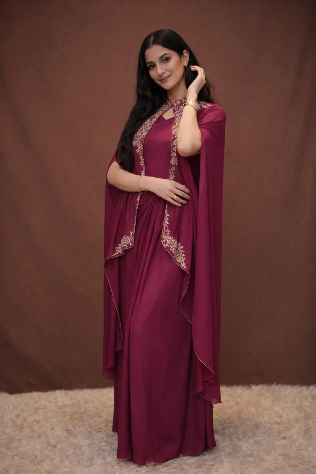 Drape Skirt with Cape and Embellished with Zardozi Handwork (With Inner)