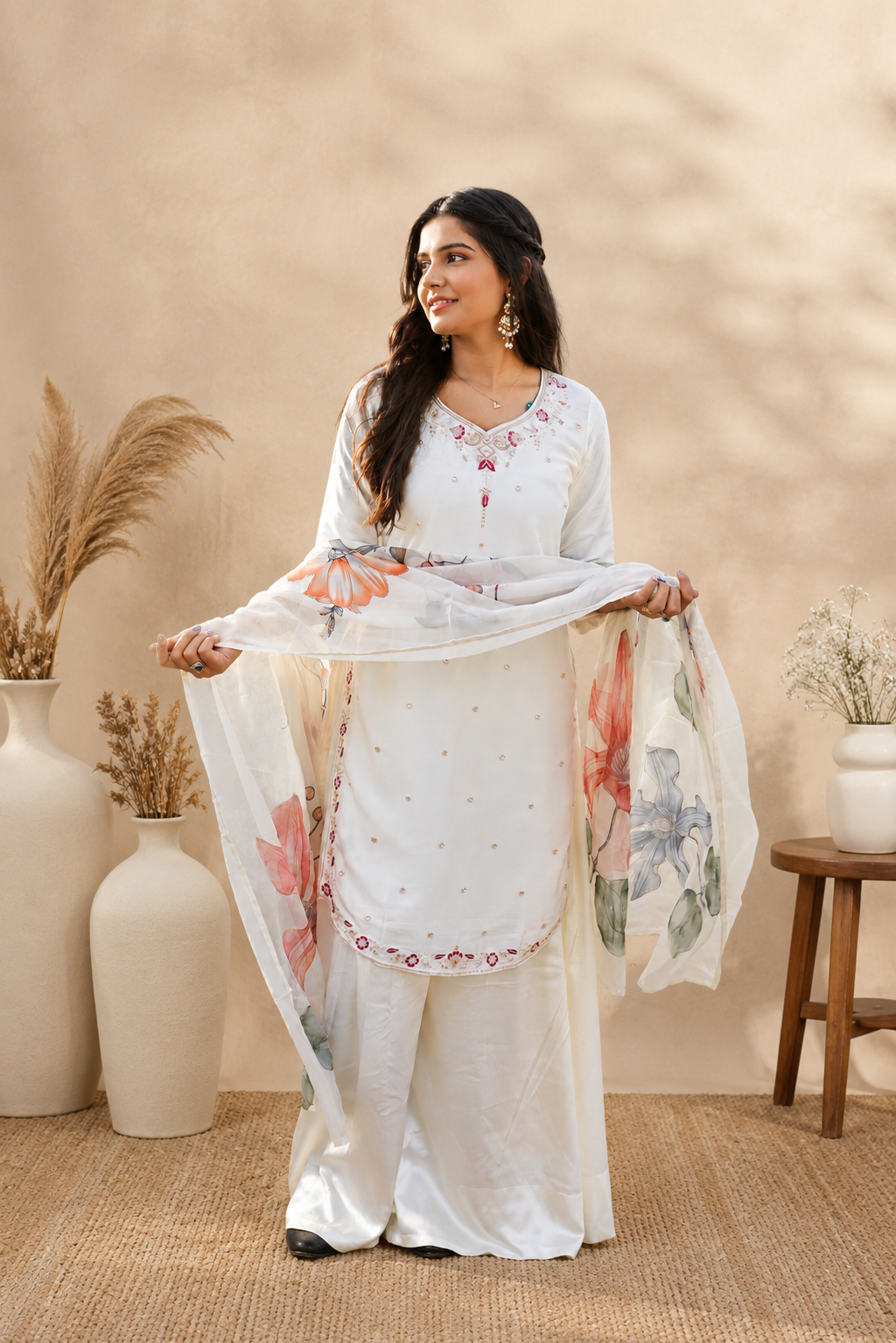 Ivory Floral Print Kurta Palazzo Set with Embroidered Neckline & Organza Dupatta