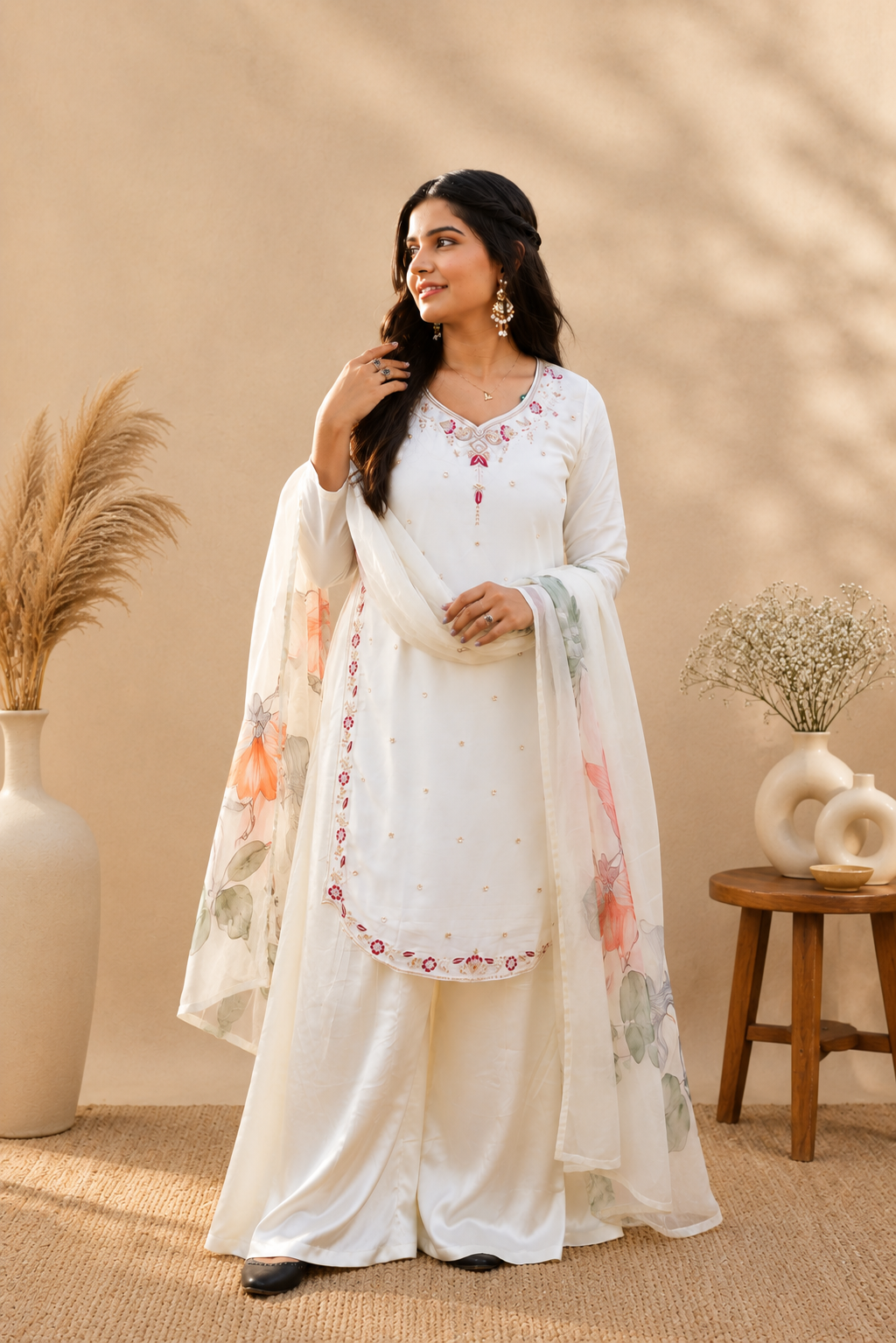 Ivory Floral Print Kurta Palazzo Set with Embroidered Neckline & Organza Dupatta