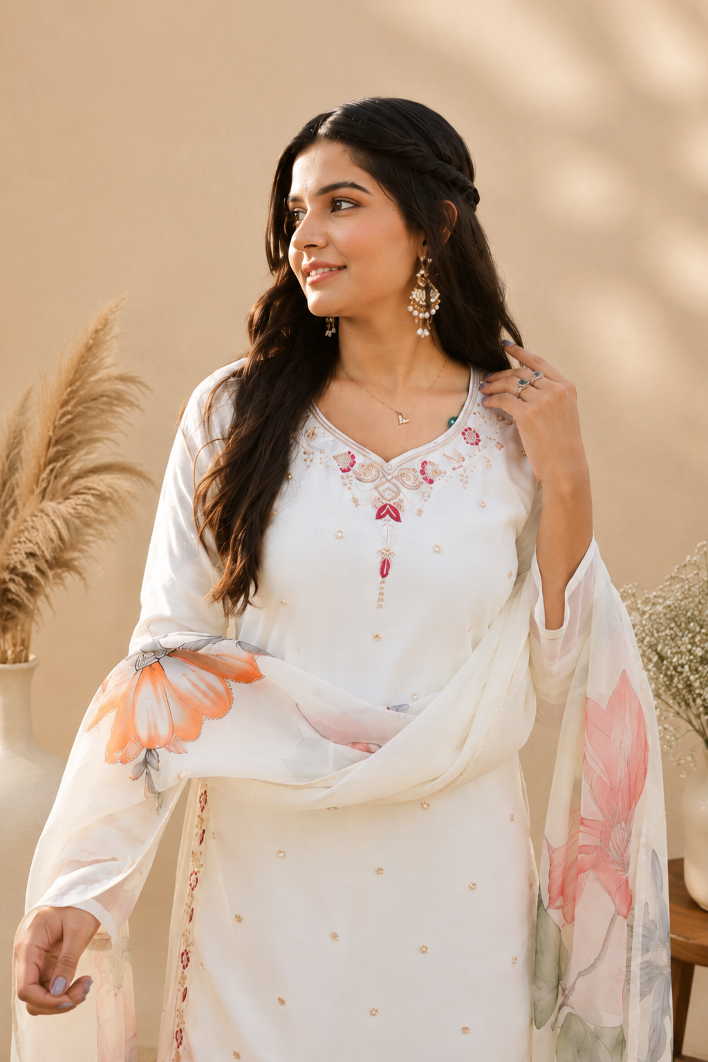 Ivory Floral Print Kurta Palazzo Set with Embroidered Neckline & Organza Dupatta