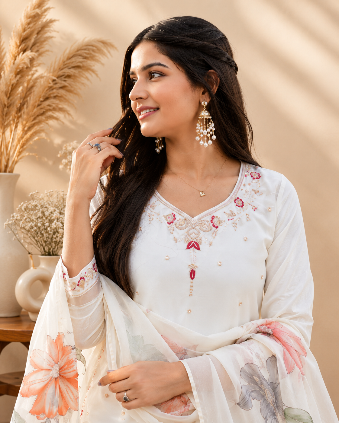 Ivory Floral Print Kurta Palazzo Set with Embroidered Neckline & Organza Dupatta