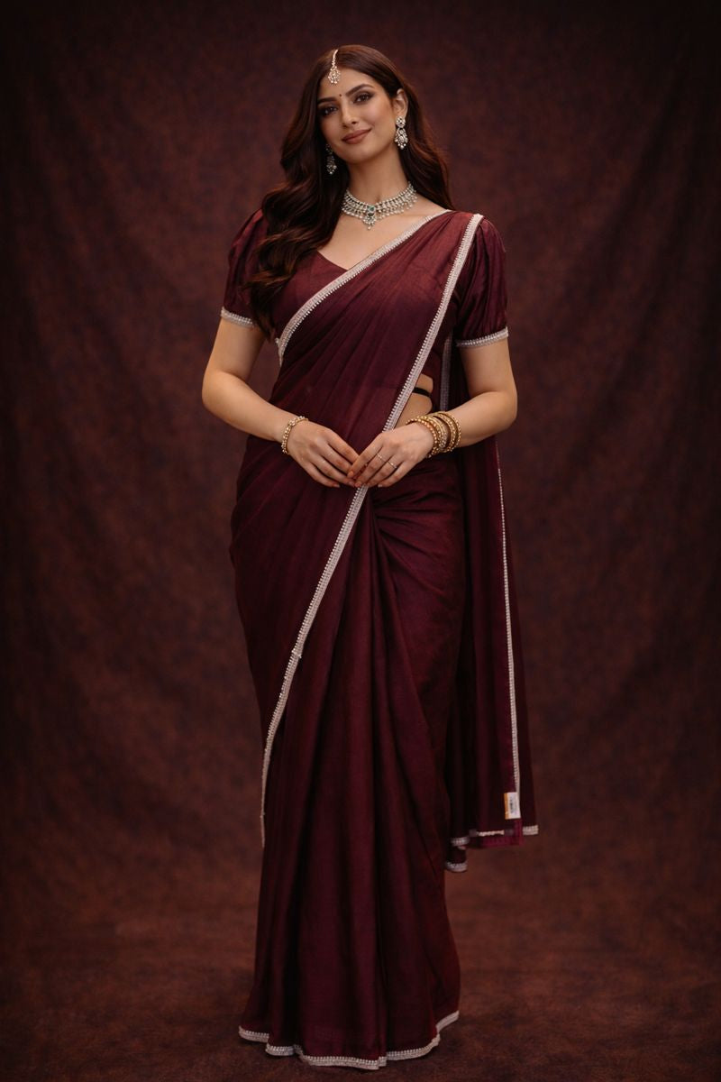 Stitch Blouse Saree With Delicate Zarkan Border (Wine)  ##SR453