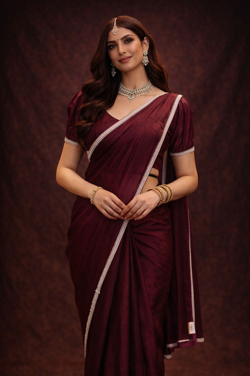 Stitch Blouse Saree With Delicate Zarkan Border (Wine)  ##SR453