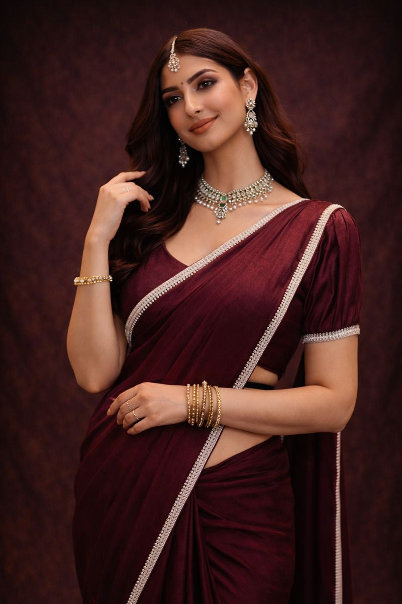 Stitch Blouse Saree With Delicate Zarkan Border (Wine)  ##SR453