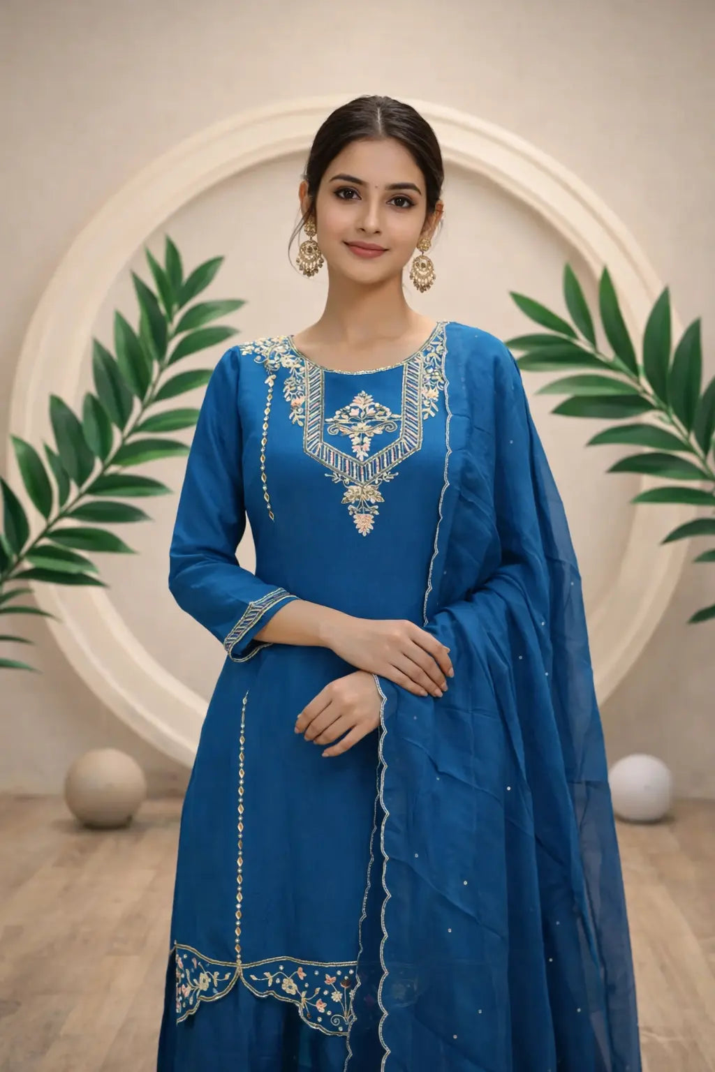 Elegant Teal Blue Embroidered Suit Set with Scallop Dupatta