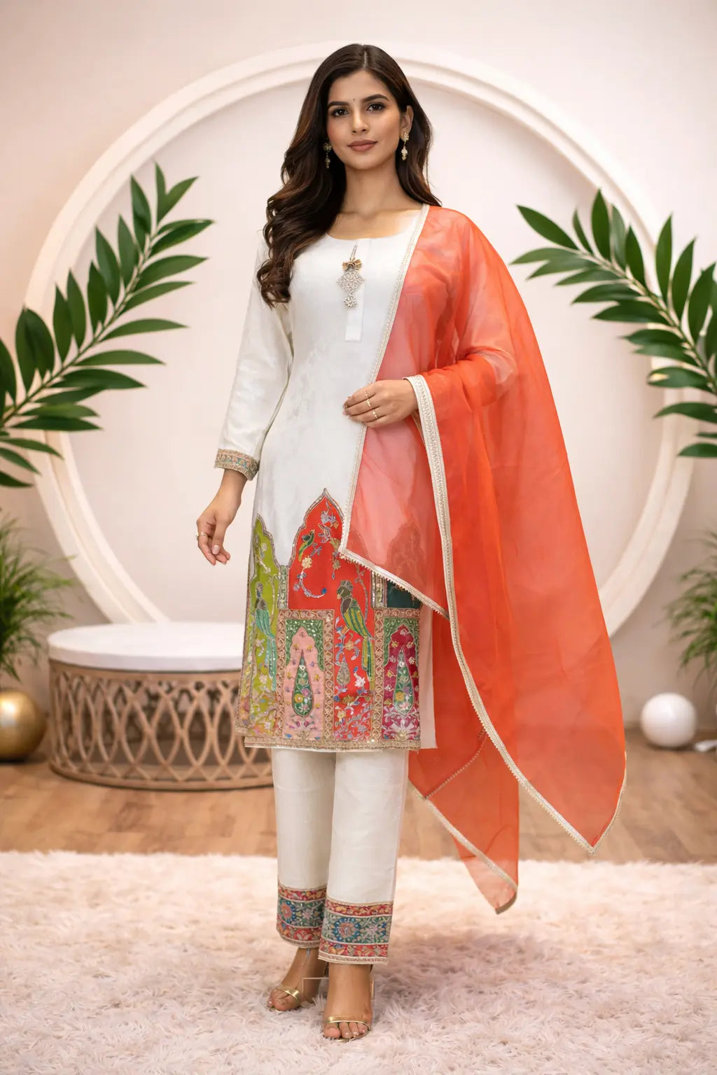 Elegant Designer Kurta Set with Embroidered Hem & Contrast Dupatta