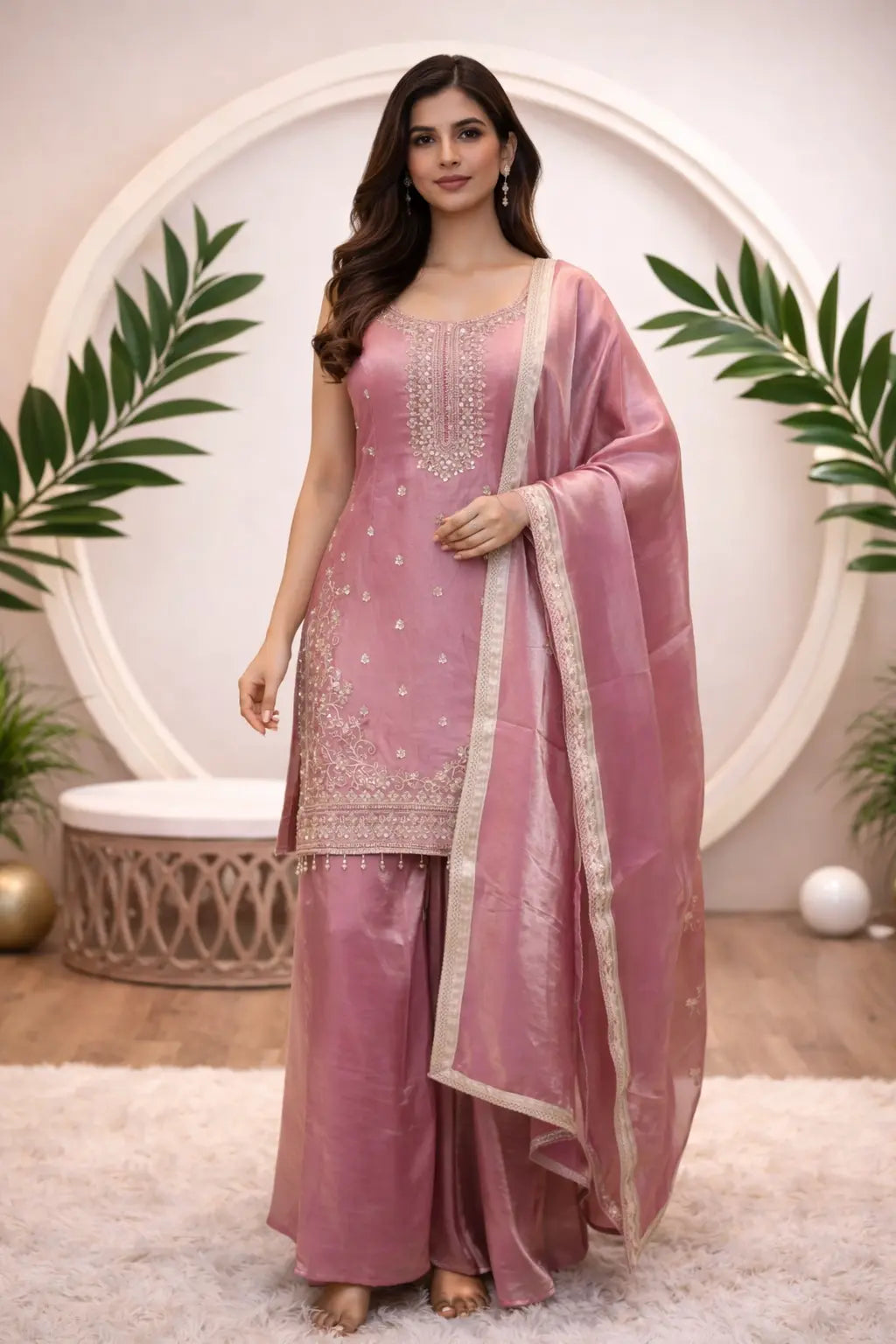 Elegant Dusty Pink Silk Kurta Set with Embroidery & Dupatta