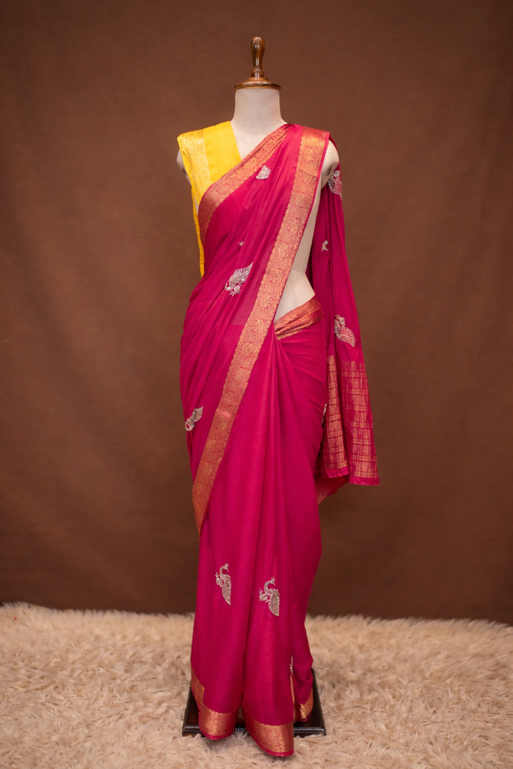 Handwork Peacock Buta With Zari Weaving Boder Saree (With Blouse)