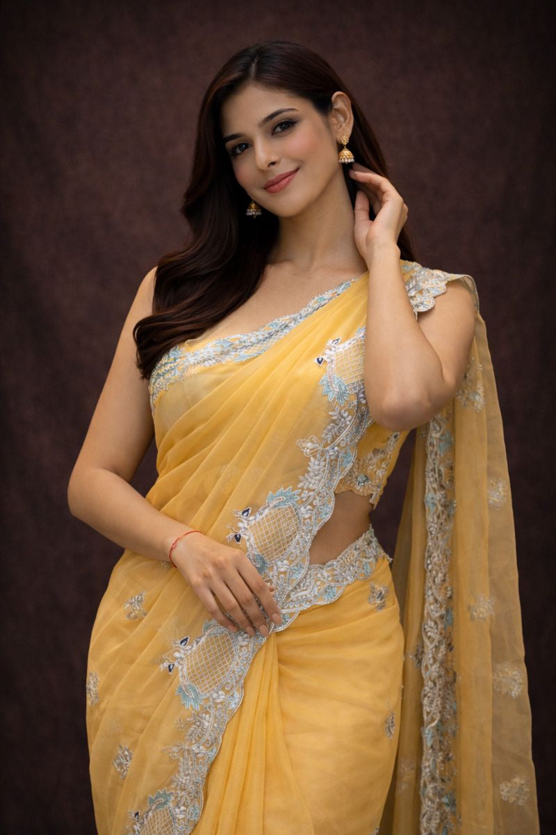 Peacock Design With Pita Work Saree (With Mono Tone Blouse)
