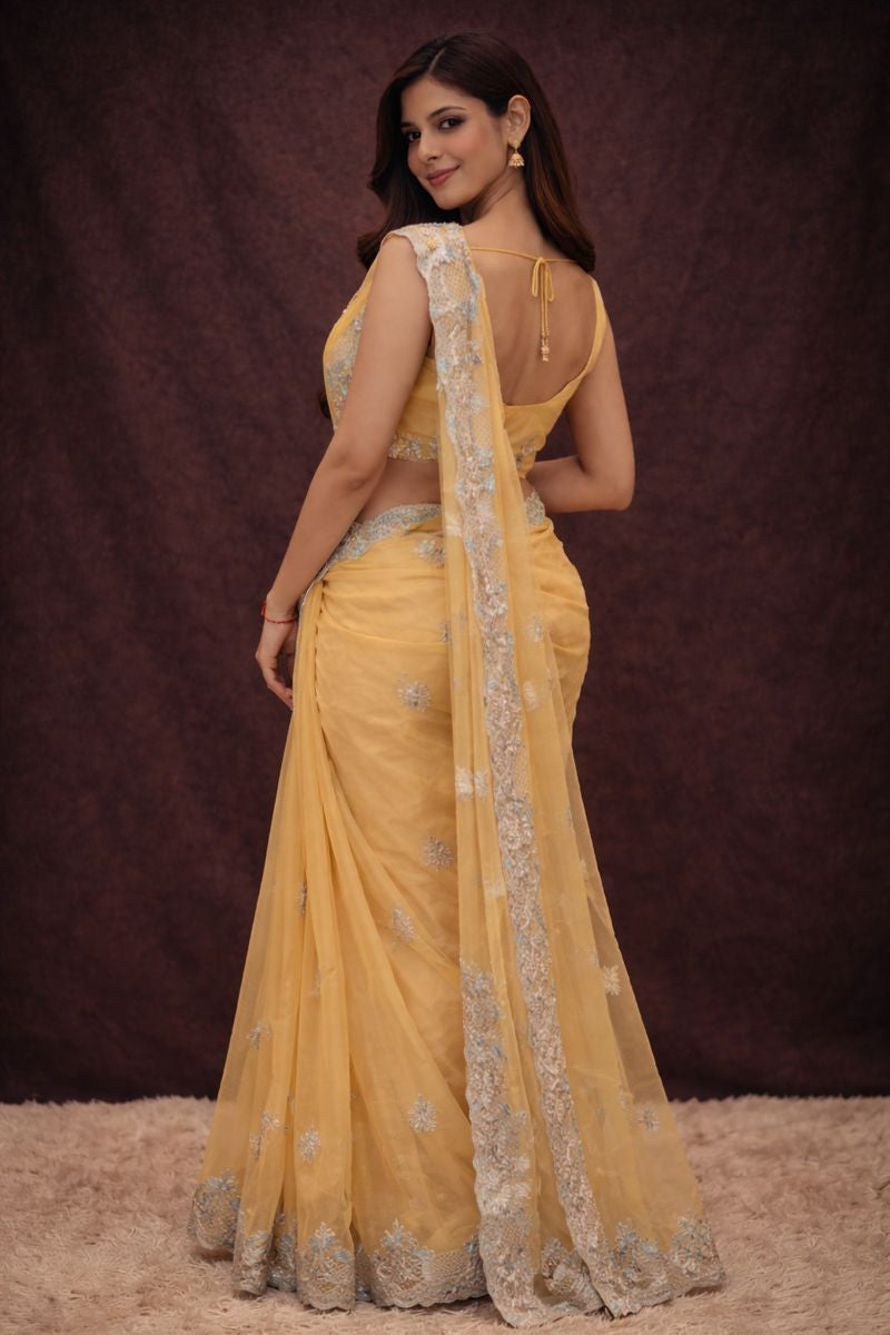 Peacock Design With Pita Work Saree (With Mono Tone Blouse)