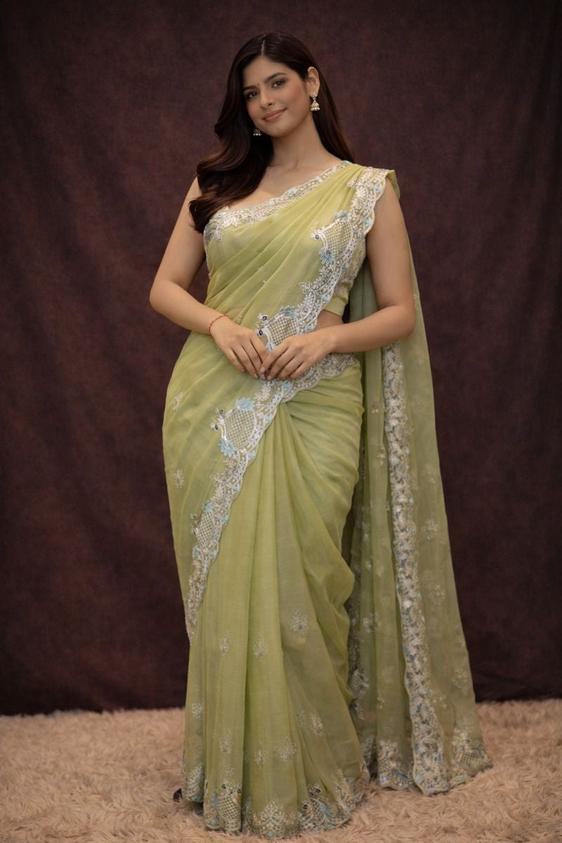 Peacock Design With Pita Work Saree (With Mono Tone Blouse)