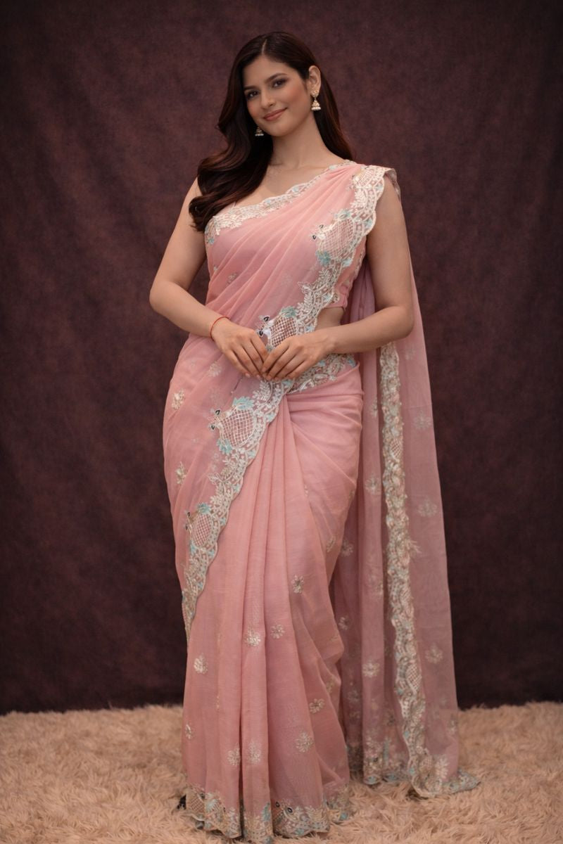 Peacock Design With Pita Work Saree (With Mono Tone Blouse)