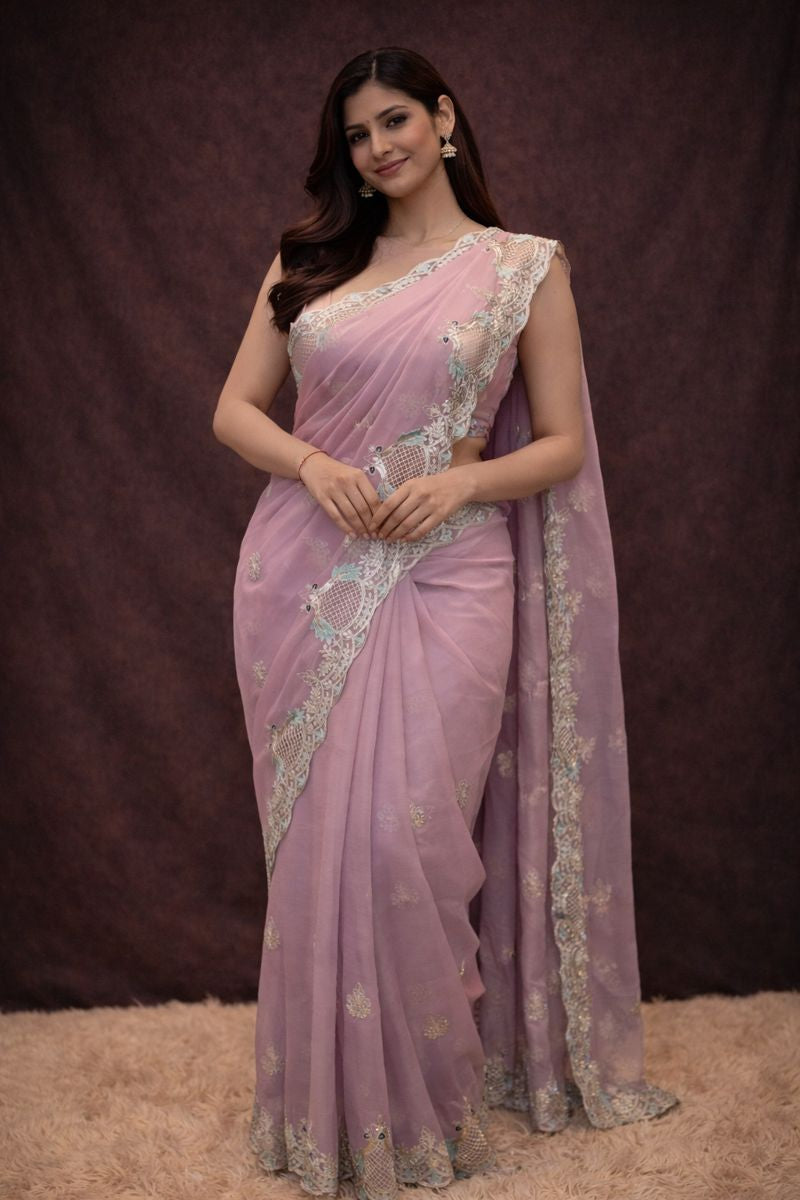 Peacock Design With Pita Work Saree (With Mono Tone Blouse)