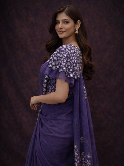 Poncho (Cap) Pattern Stitch Blouse Saree with Sequence Work ##SR451