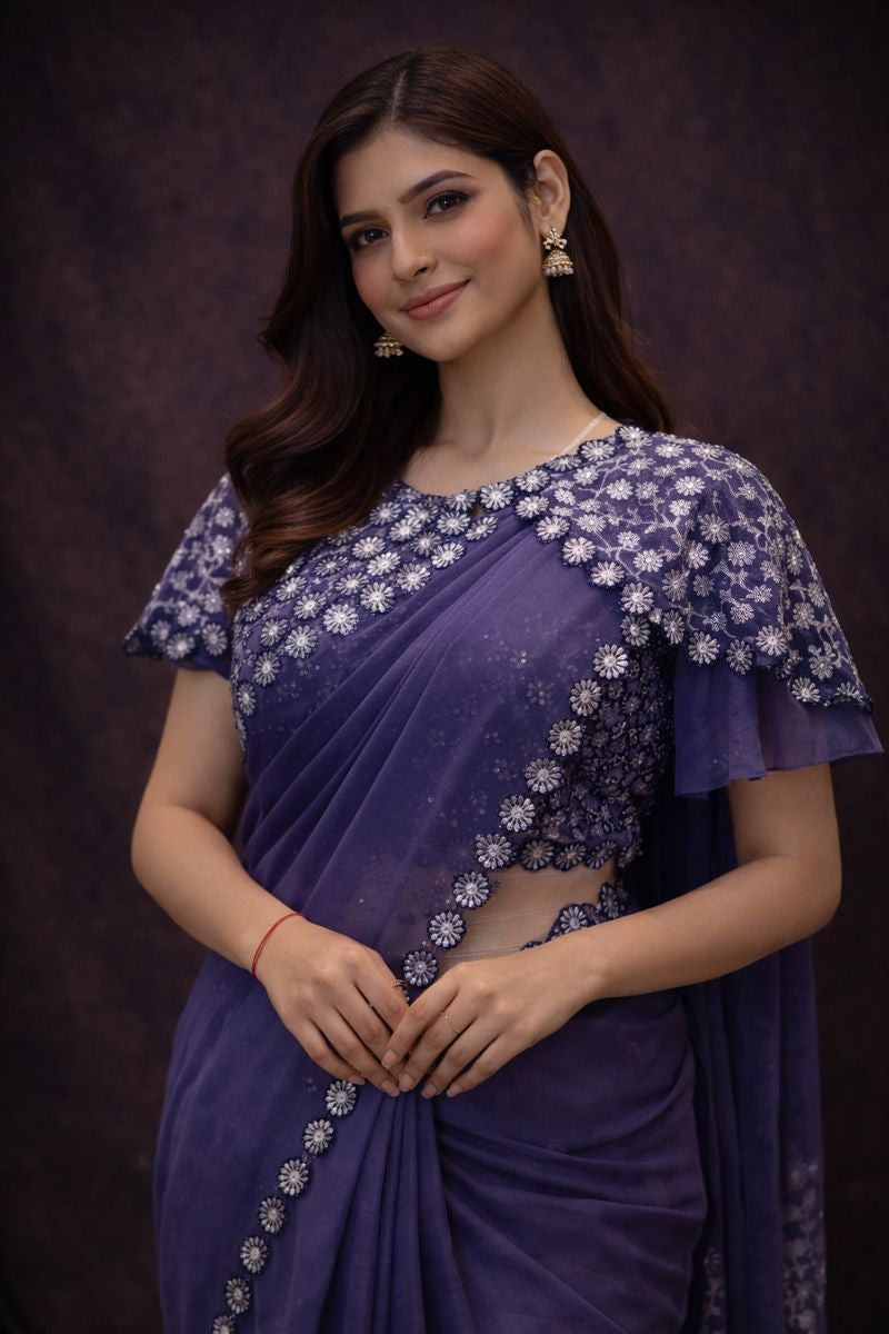 Poncho (Cap) Pattern Stitch Blouse Saree with Sequence Work ##SR451