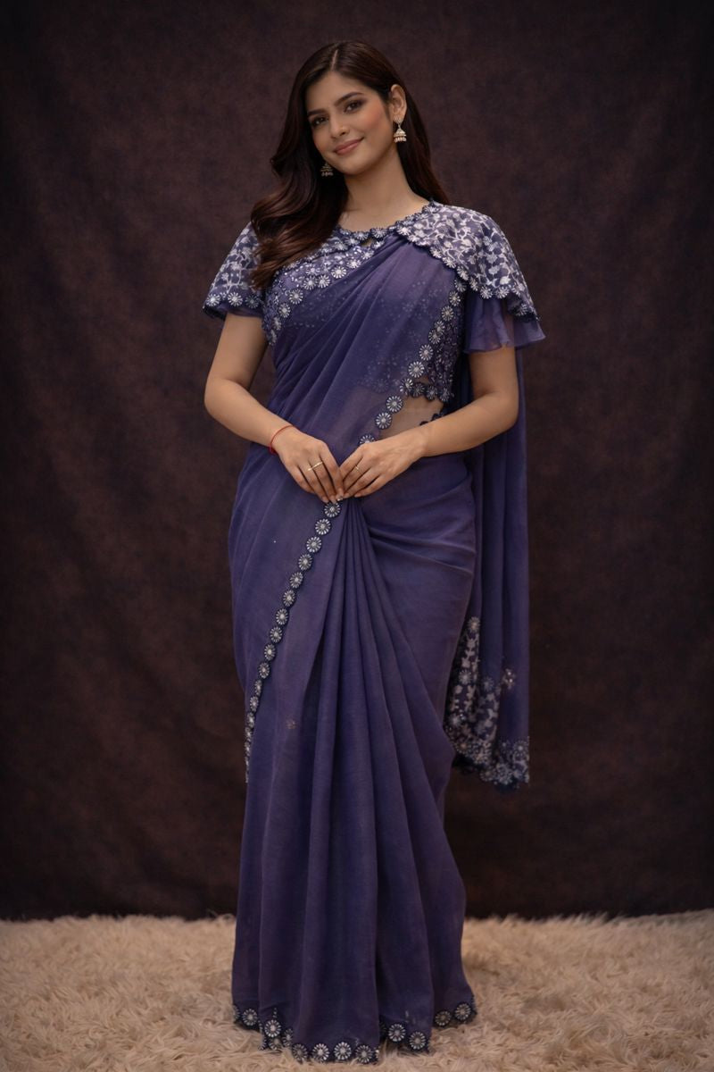 Poncho (Cap) Pattern Stitch Blouse Saree with Sequence Work ##SR451