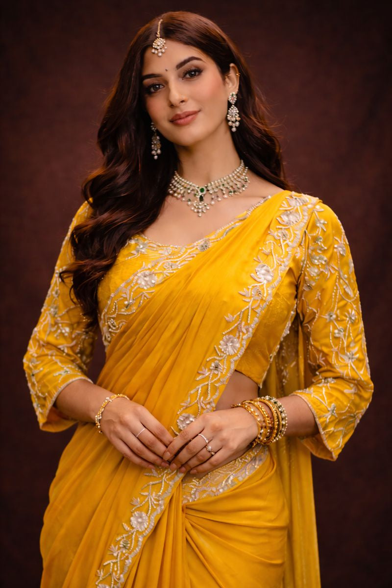Zardozi Handwork Saree with Stitched Blouse & Belt