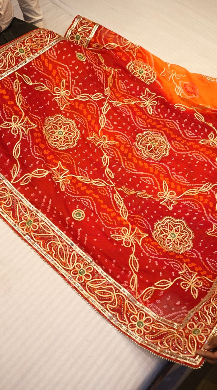 Pure Ojhriya Hand Bandhej Saree with Traditional Rajasthani Kaccha Gota Sequence Work