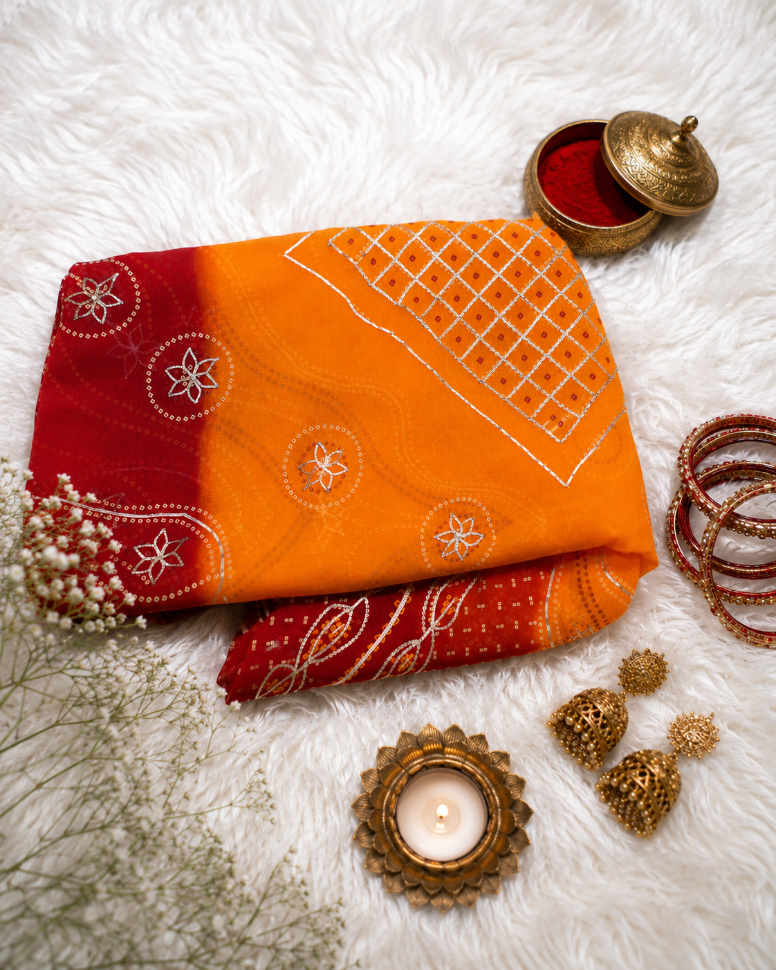 Traditional Pila Saree Wtih Charkhi Gota And Gota Patti Handwork