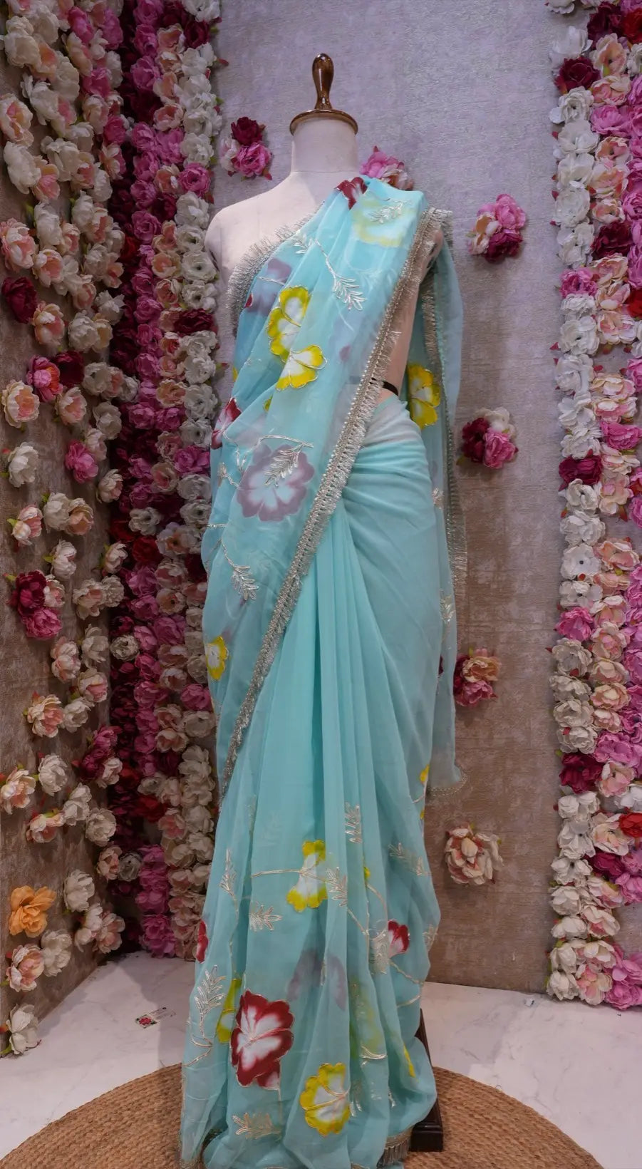BRUSH PRINT DESIGN WITH KACHI GOTA PATTI WORK & LACE SAREE (WITH BLOUSE)