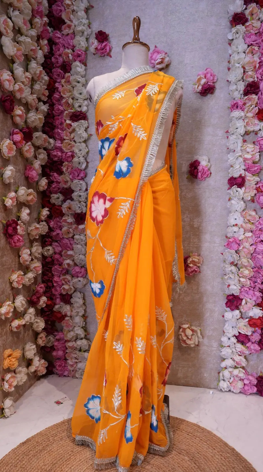 BRUSH PRINT DESIGN WITH KACHI GOTA PATTI WORK & LACE SAREE (WITH BLOUSE)