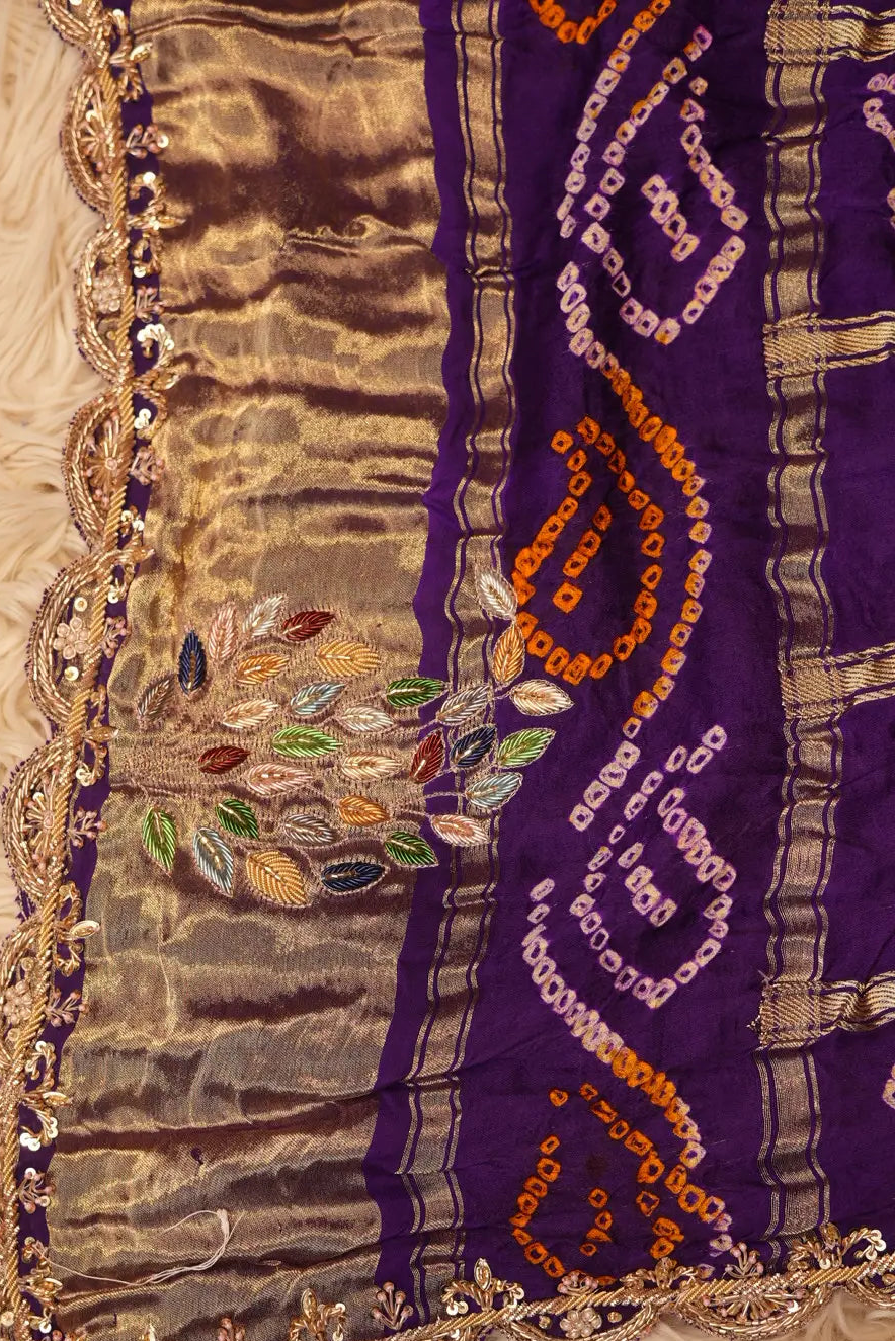 Pure Gajji Silk Hand Bandhej Ghatchola Dupatta Embalish With Cutwork Pattern Zardosi Border & Resham Handwork