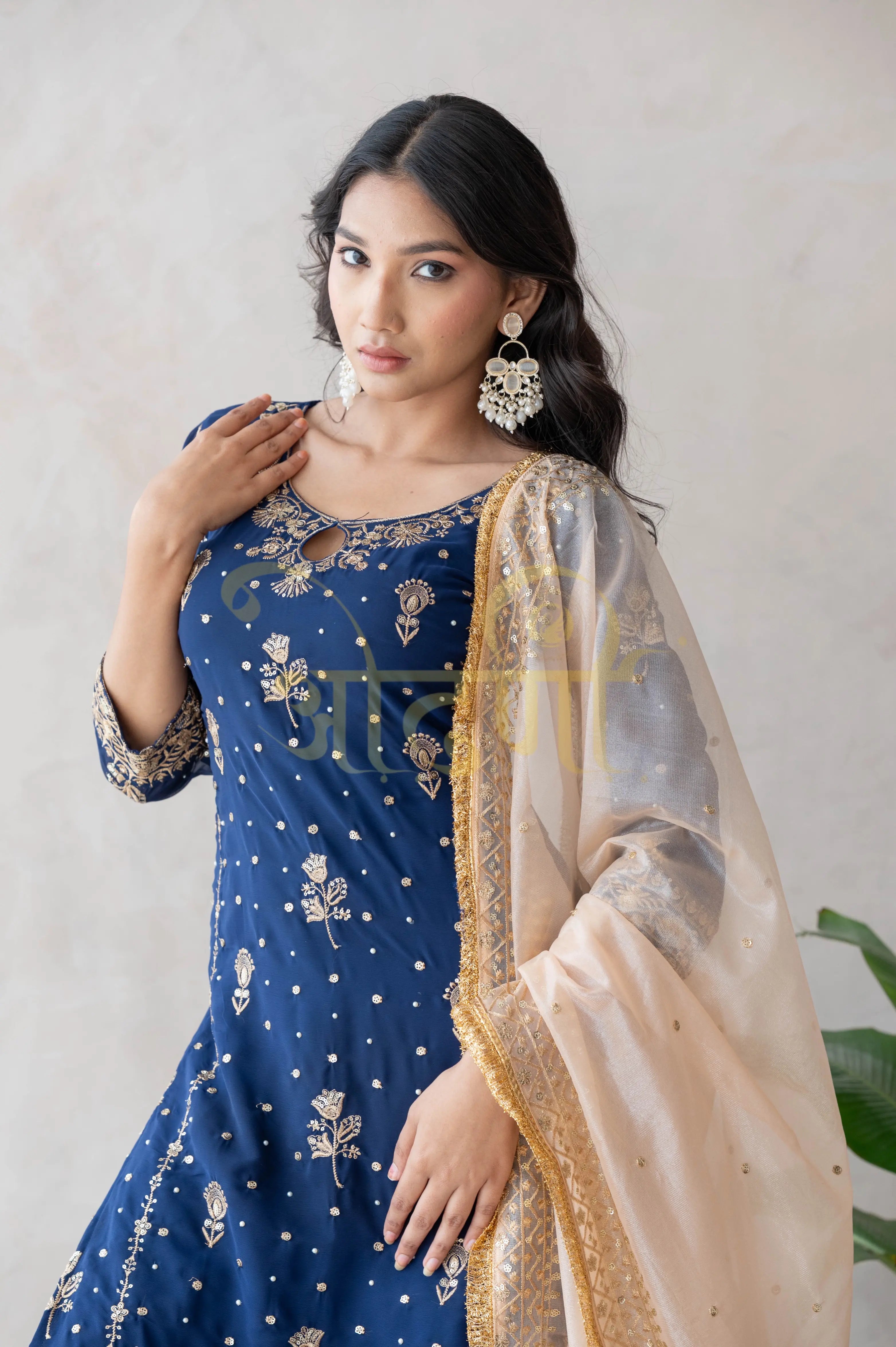 STRAIGHT FIT 3-PIECE SUIT WITH SEQUENCE WORK AND CONTRAST DUPATTA