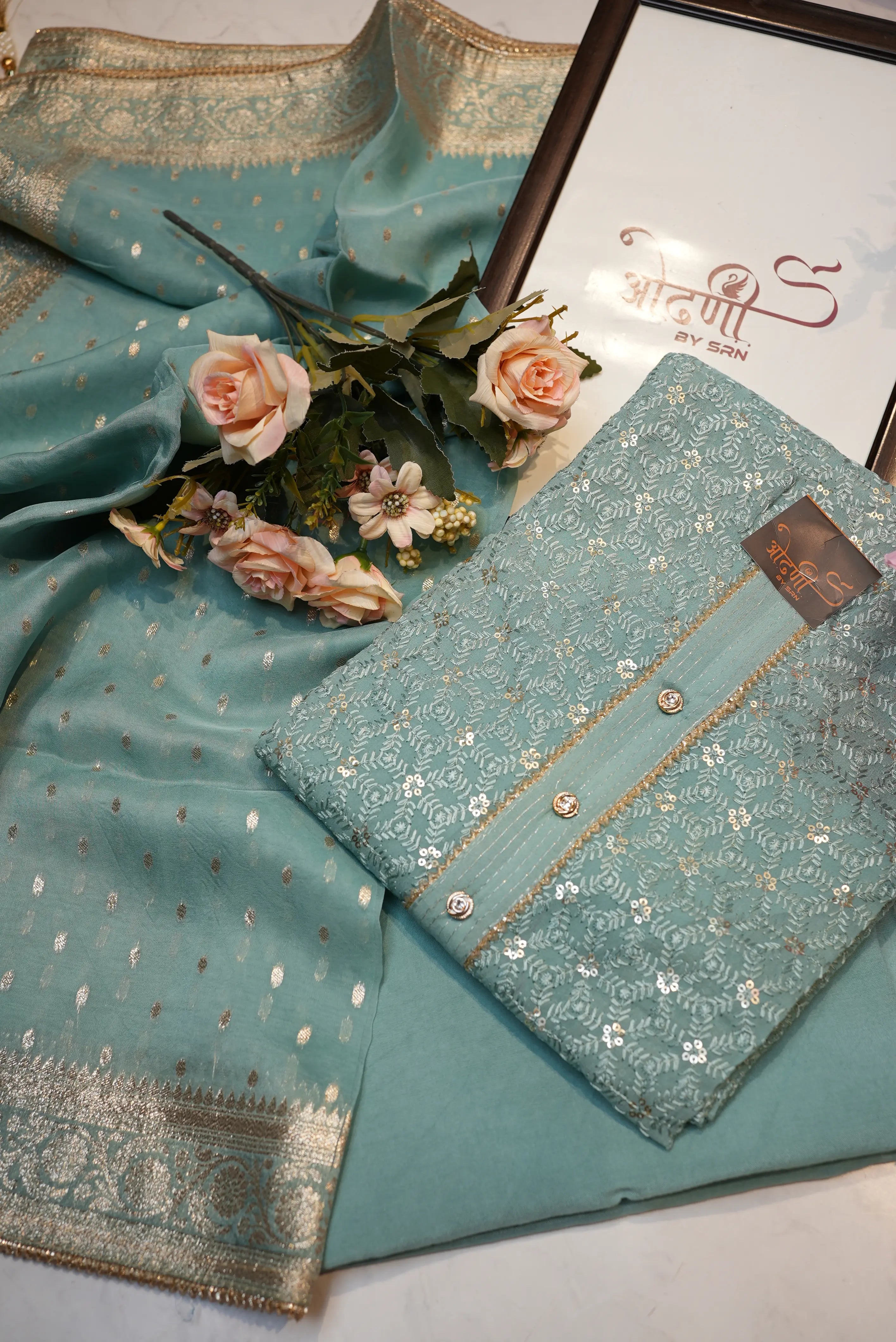 Georgette Embroidery chickenkari suit with banarasi weaving organza dupatta (UNSTITCHED)