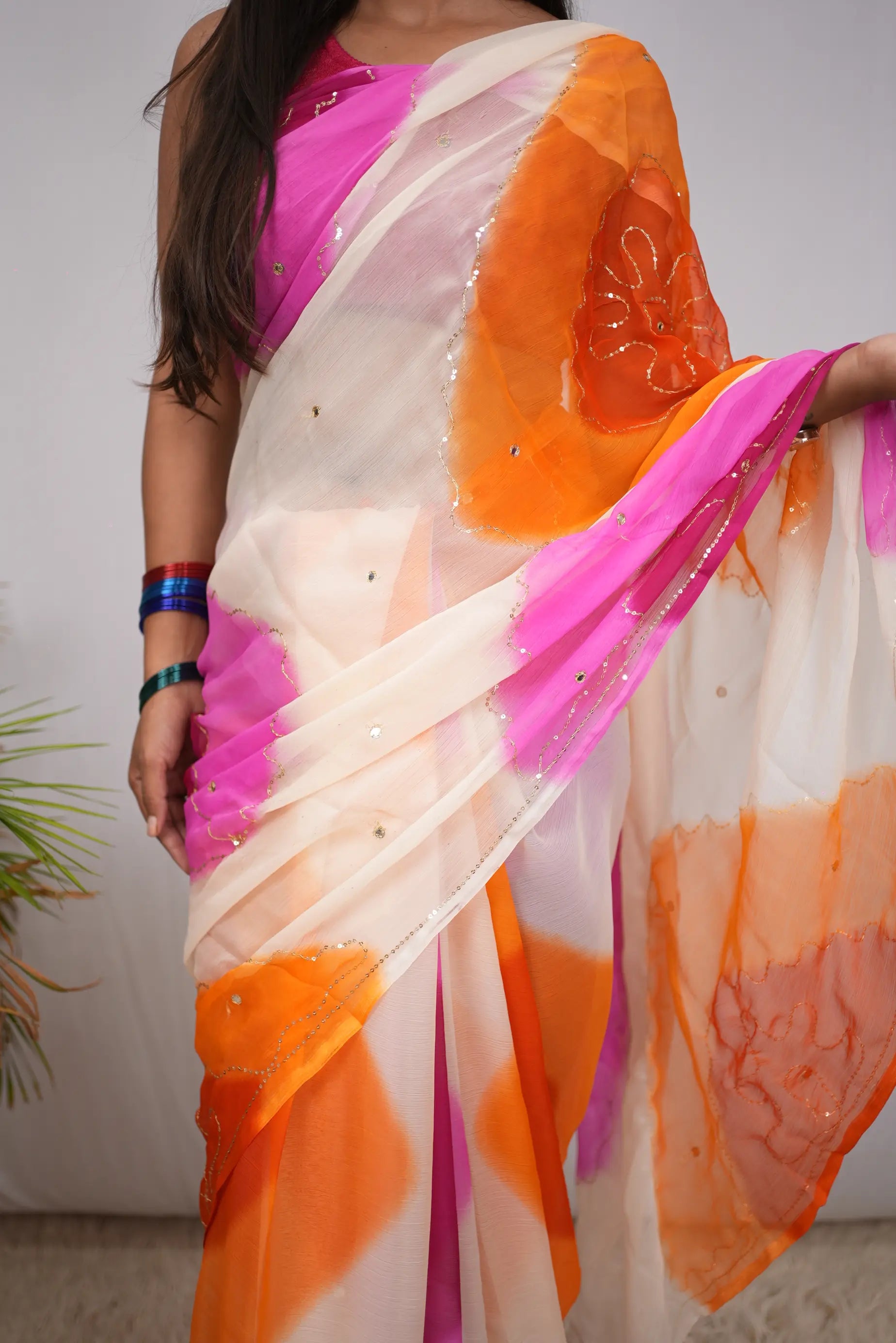 Multicolour Shimmer Chiffon Saree with Aari Taari & Sequin Work (Without Blouse)