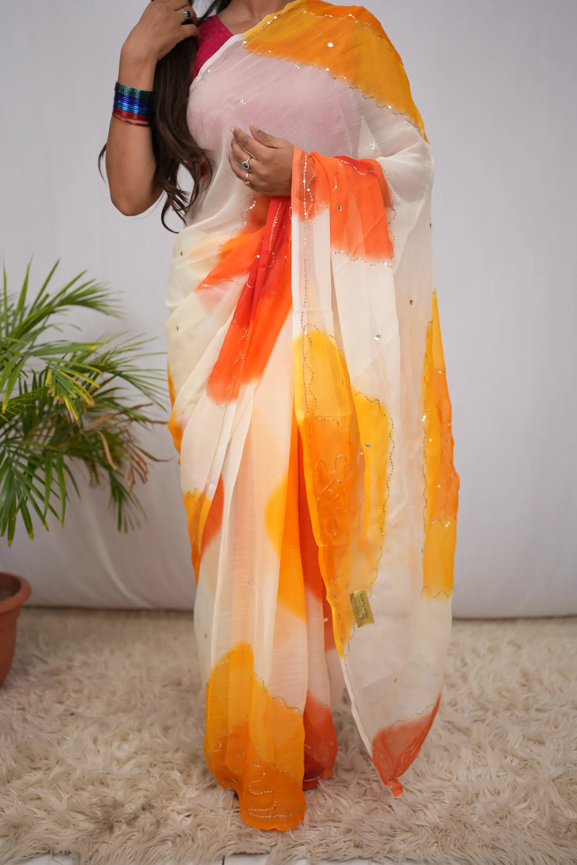 Multicolour Shimmer Chiffon Saree with Aari Taari & Sequin Work (Without Blouse)