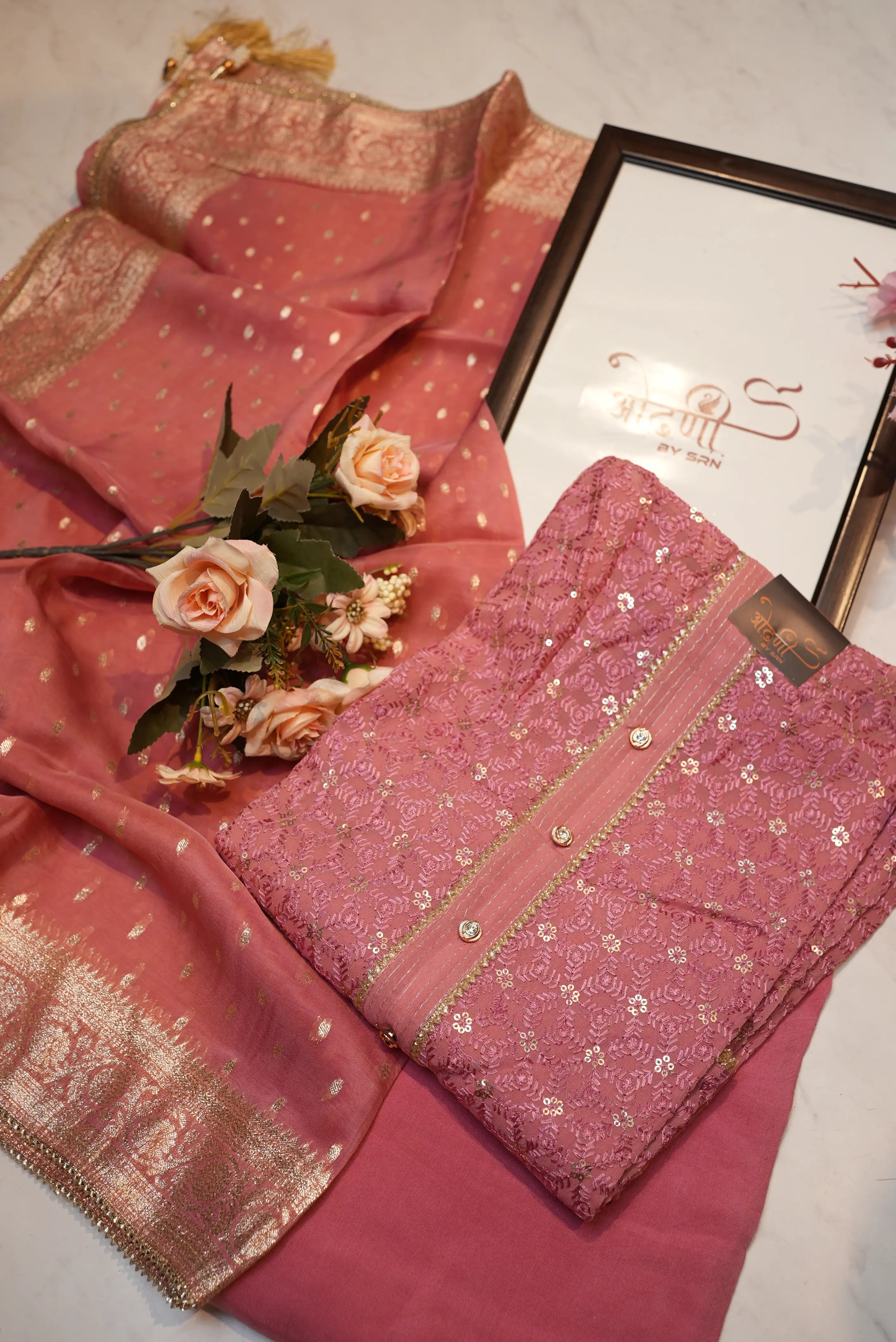 Georgette Embroidery chickenkari suit with banarasi weaving organza dupatta (UNSTITCHED)